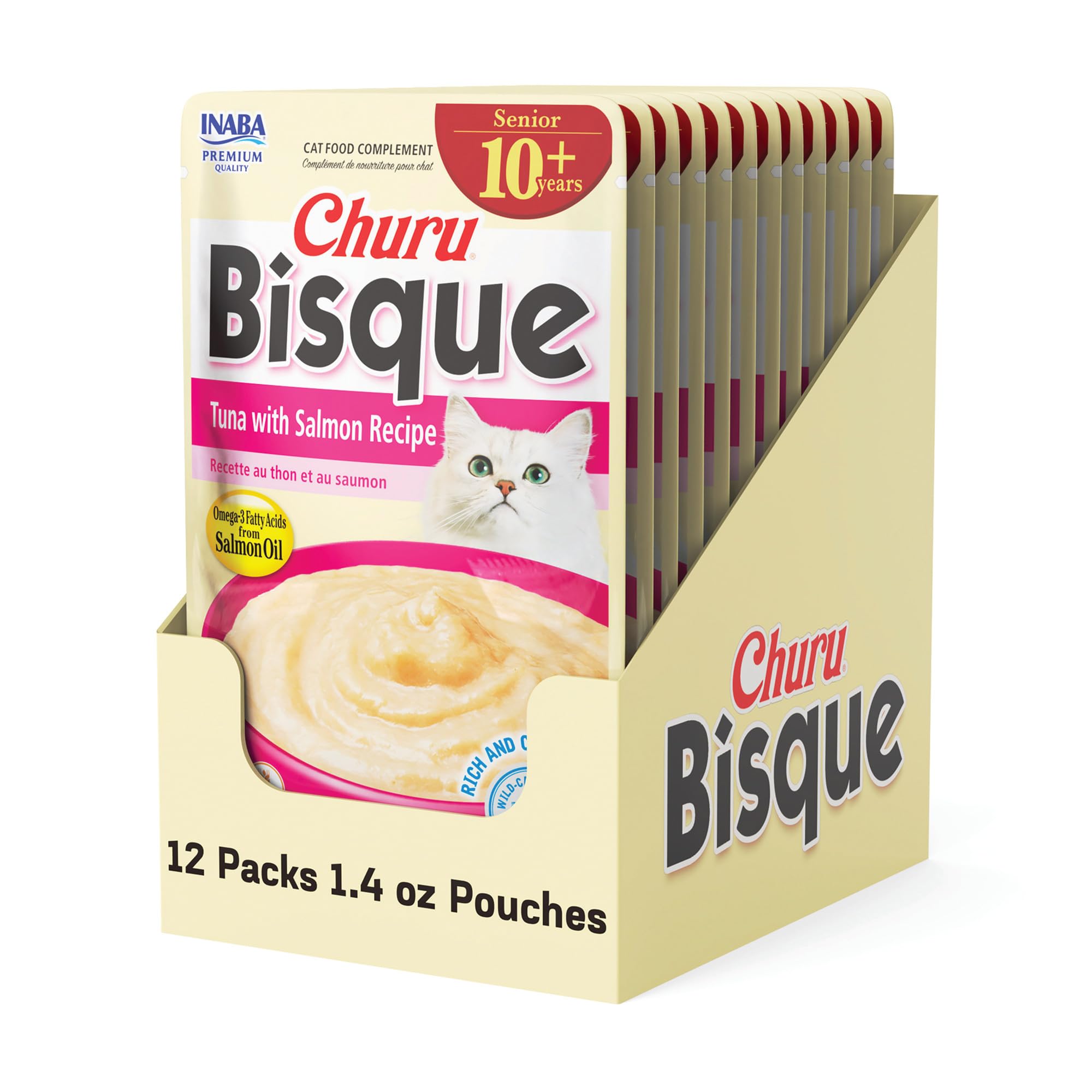 INABAChuru Bisque for Cats Senior 10+, Creamy Purée Side Dish Pouch, 1.4 Ounces per Pouch, 12 Pouches Total, Tuna with Salmon Recipe