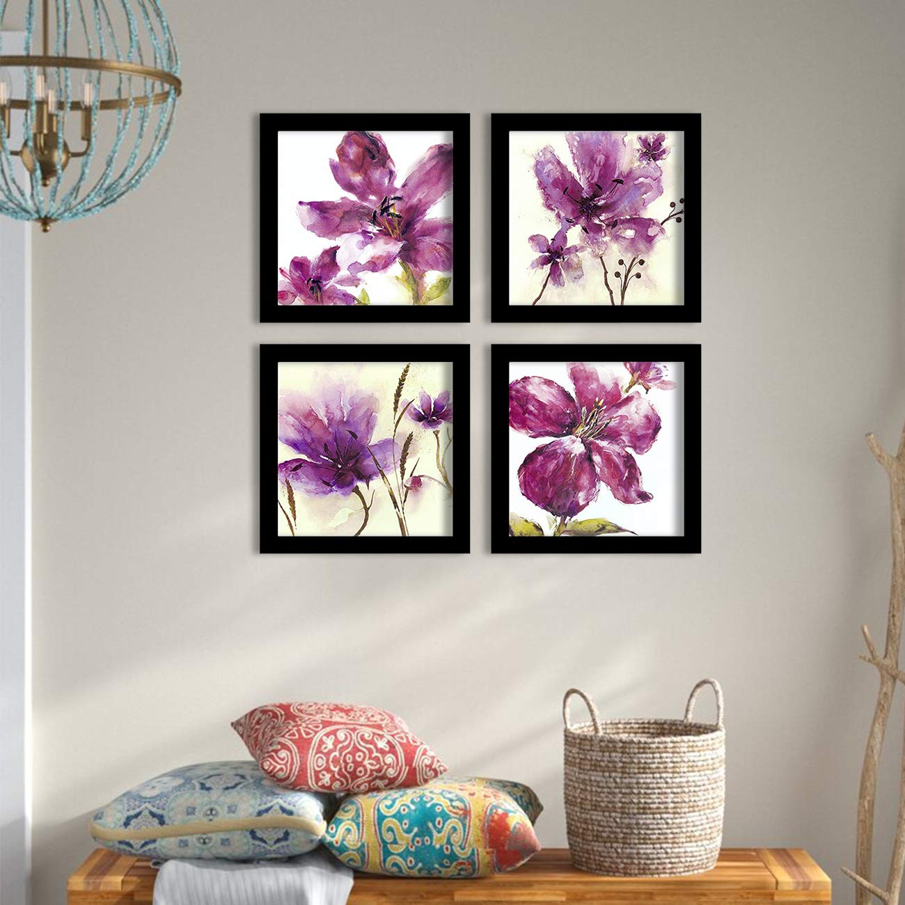 Painting Mantra Purple Breez Flower Framed Painting/Posters for Room Decoration, Set of 4 Black Frame UV Textured Art Prints/Posters for Living Room (4 Unit, 9 x 9 Inches)