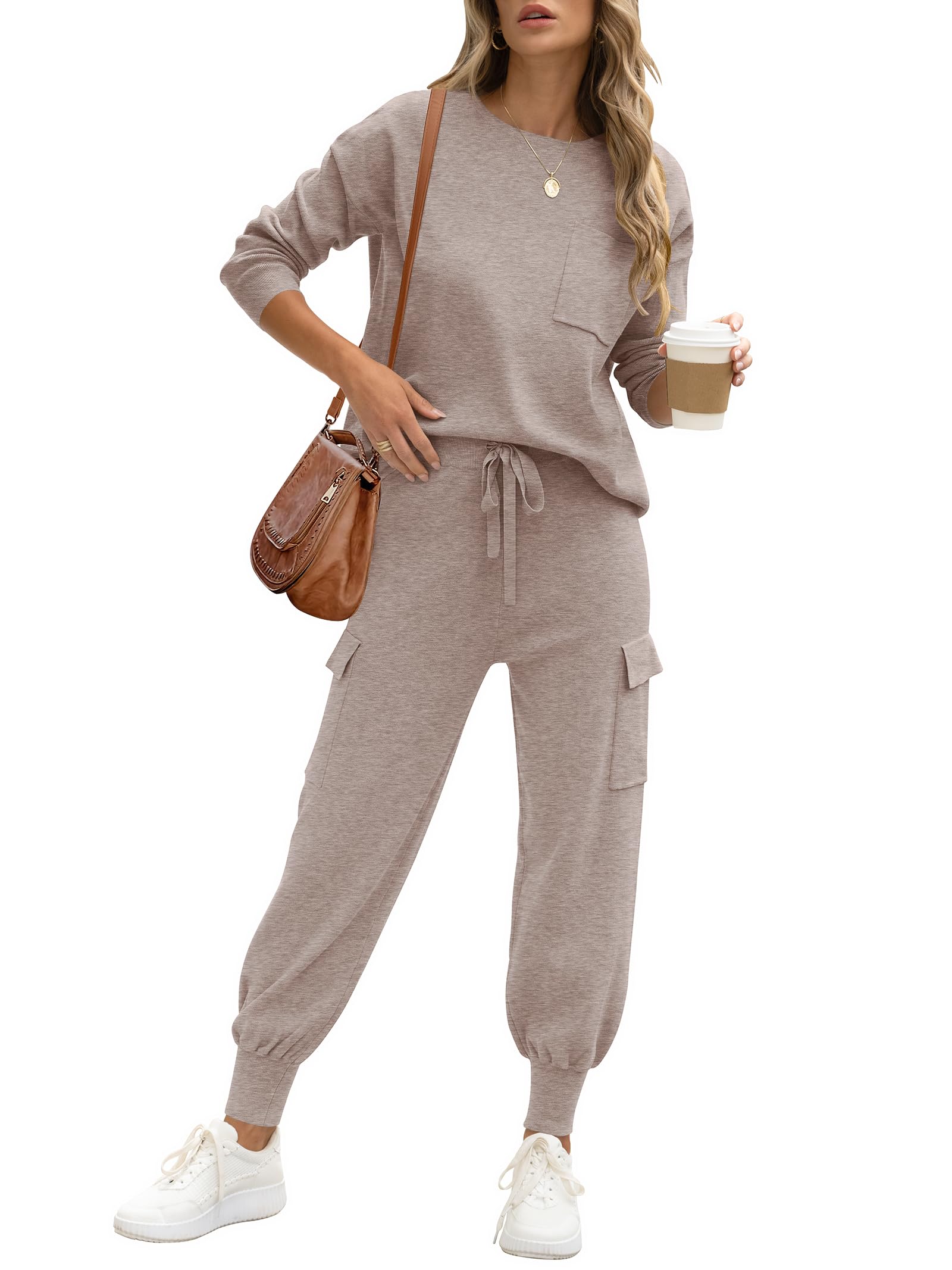 CaraciliaWomen's Two Piece Outfits Sweater Sets Long Sleeve Knit Tops Matching Cargo Jogger Pants 2024 Fall Lounge Sets