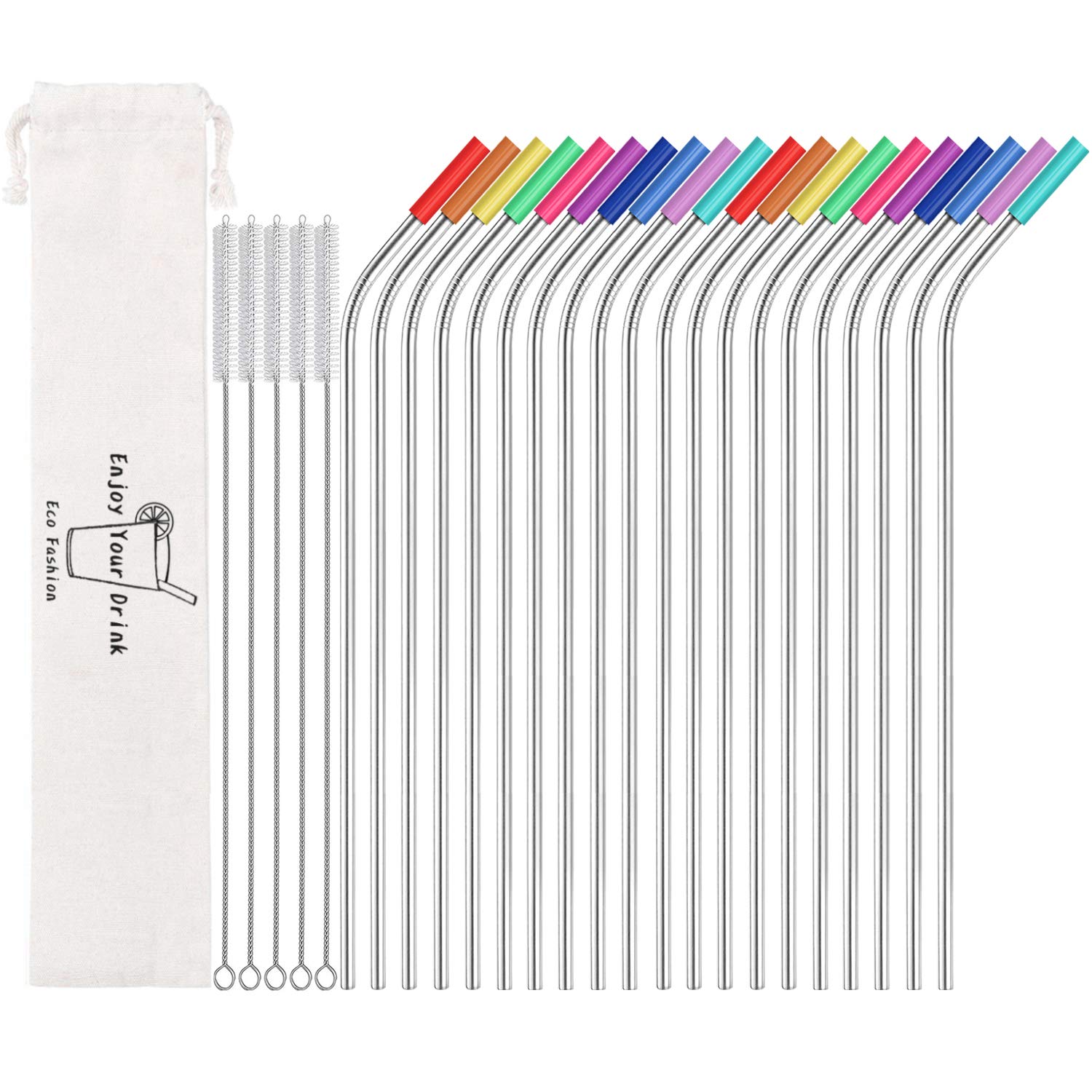 Stainless Steel Straws,Set of 16 10.5" FDA-Approved Reusable Drinking Straws for 30oz&20oz Tumblers Cups Mugs,Metal Straws with 24 Soft Food-Grade Silicone Tips,4 Cleaning Brushes (16 bent)