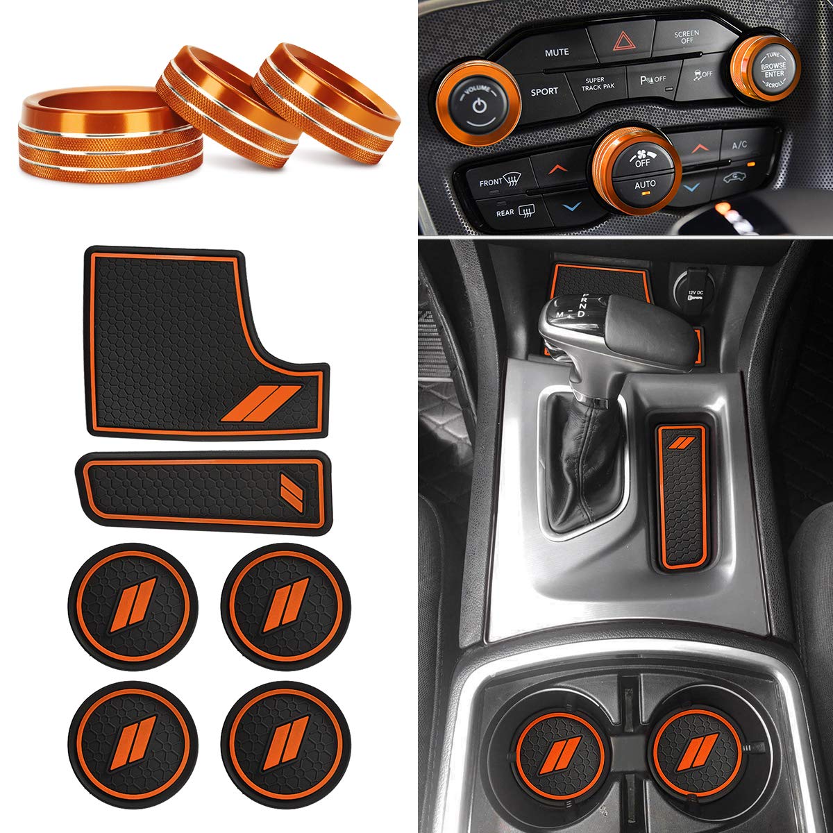 Auovo Anti-Dust Mats and Trims for Charger Accessories 2015-2023 6PCS Car Cup Holder Coasters Insert Center Console and 3 PCS Aluminum Alloy Air Conditioner Volume Radio Knob Cover Decal(Orange)