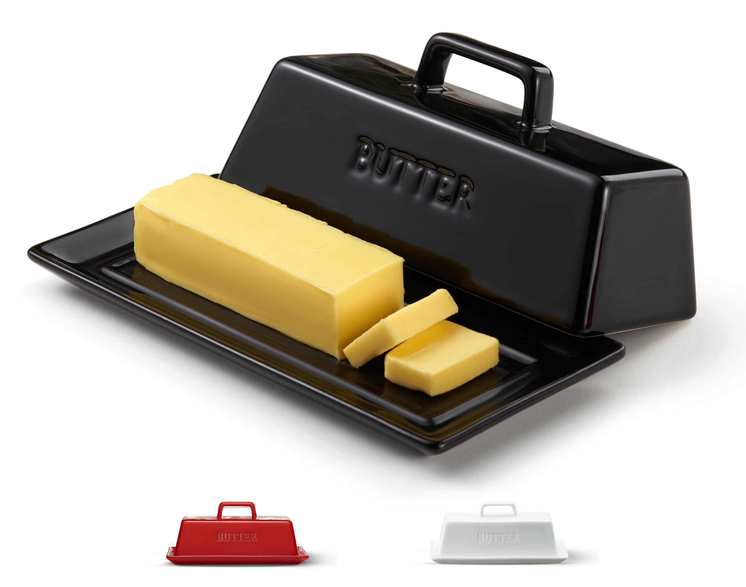 Butter Dish with Lid for Countertop, by Kook, Ceramic Butter Dish, Butter Tray with Cover, Kitchen Butter Keeper, Butter Container, Butter Holder, Holds 1 Stick, Microwave and Dishwasher Safe, Black