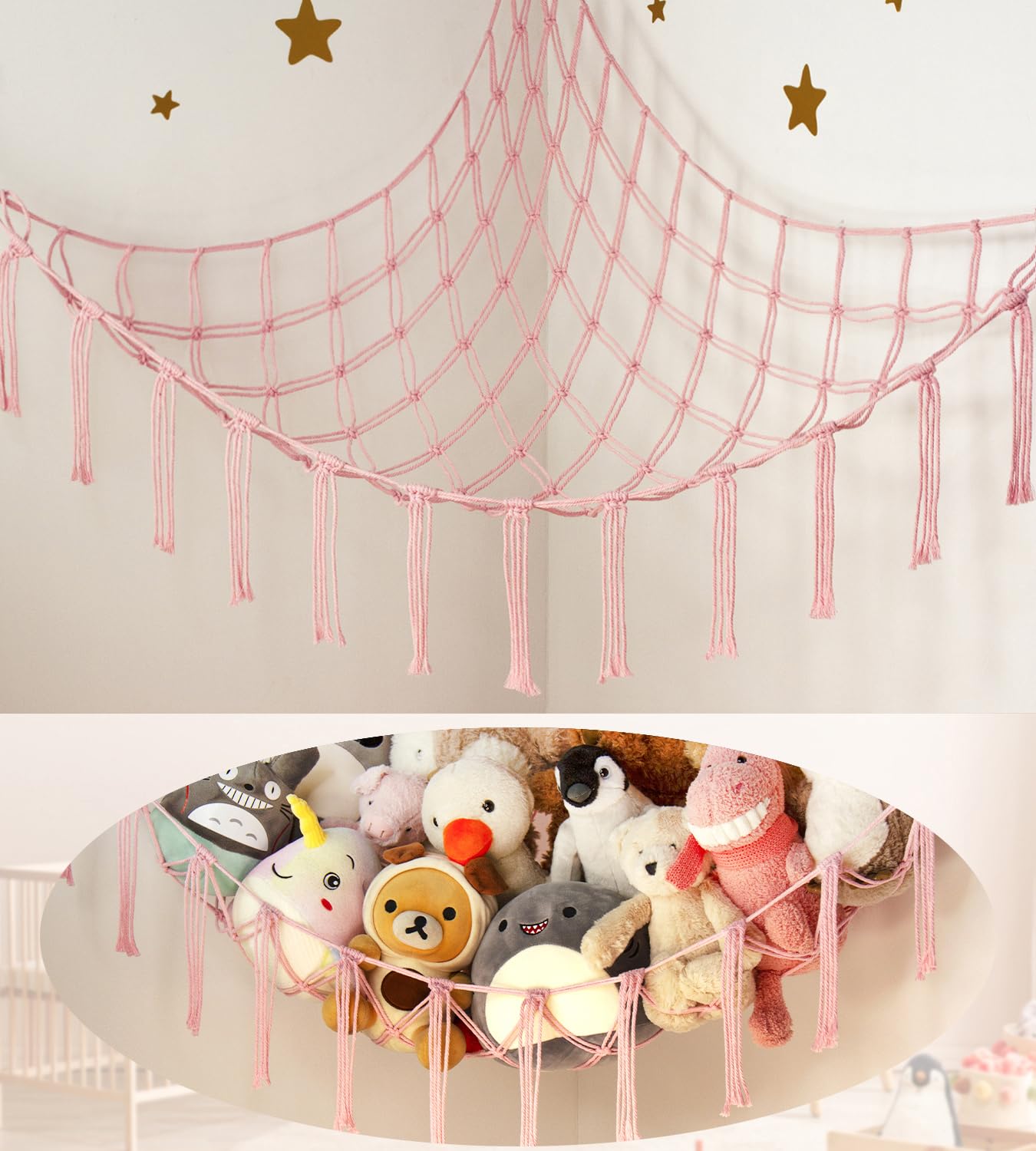 Large Stuffed Animal Storage Hammock Corner Net - Pink Room Decor for Teen Girls - Toys Storage Hanging Stuff Animal Organizer Holder Cute Stuff - Boho Nursery Dorm Bedoom Decor Aesthetic