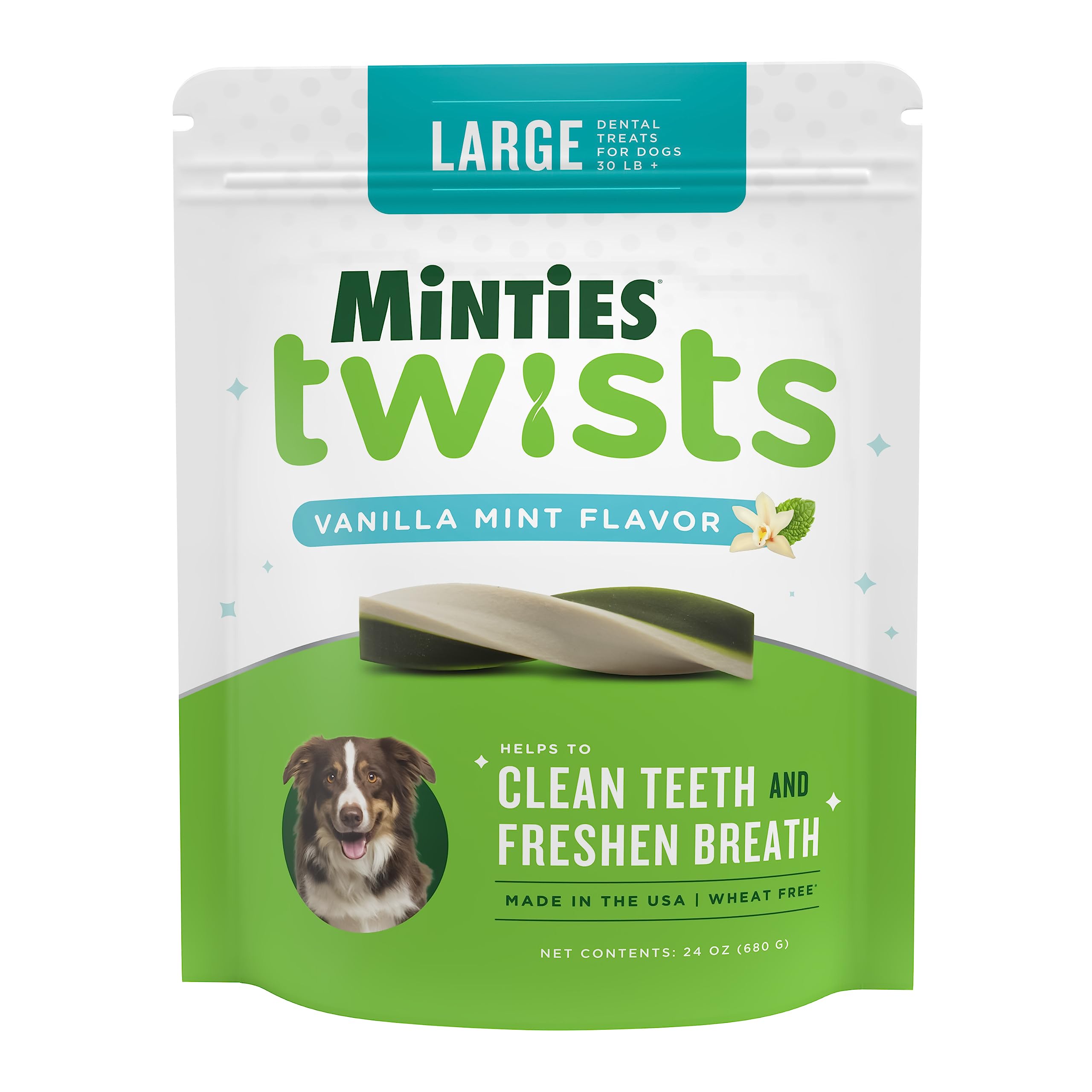 Minties Dental Twists for Dogs, Vet-Recommended Vanilla-Flavored Dental Chews for Medium/Large Dogs over 40 lbs, Dental Treats Clean Teeth, Fight Bad Breath, and Removes Plaque and Tartar, 24 oz