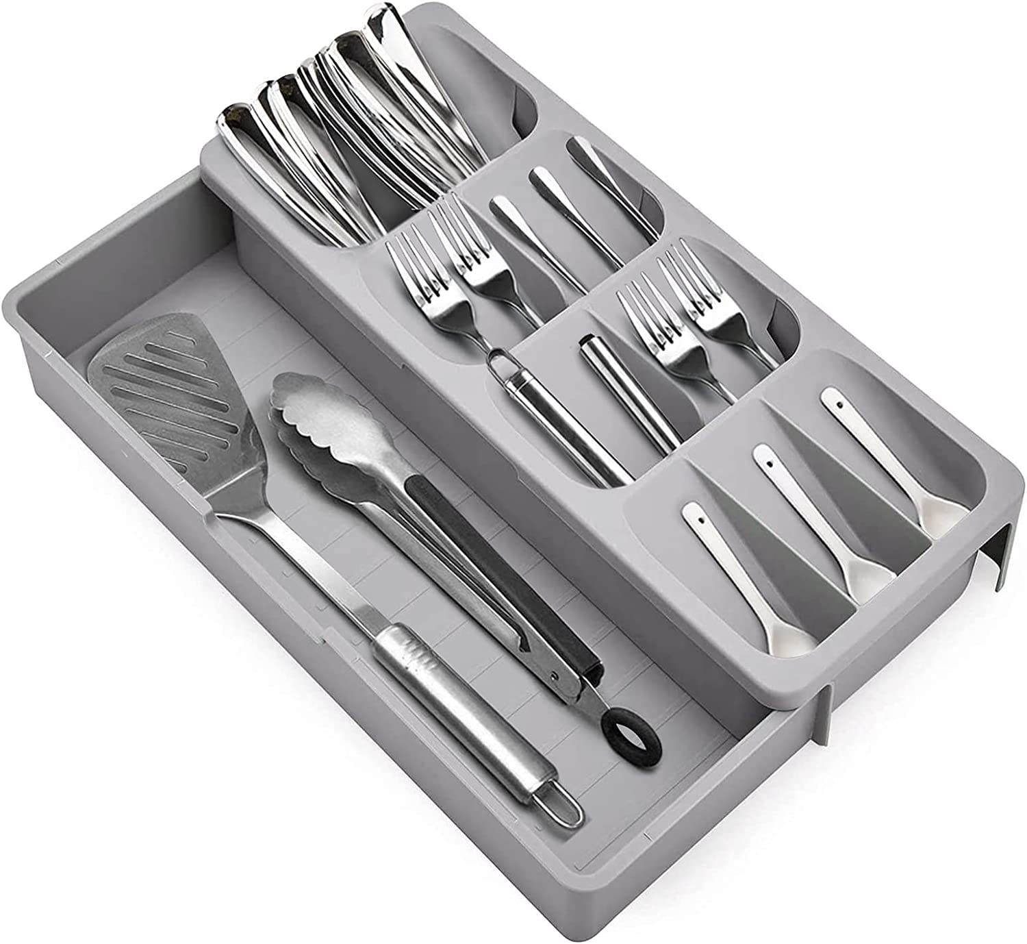 VOXMIX Silverware Organizer Storage Tray, Cutlery Expandable Organizer for Kitchen Drawer Holding Flatware Spoons Forks | 40 x 30 x 5.5 cm | Plastic | Grey