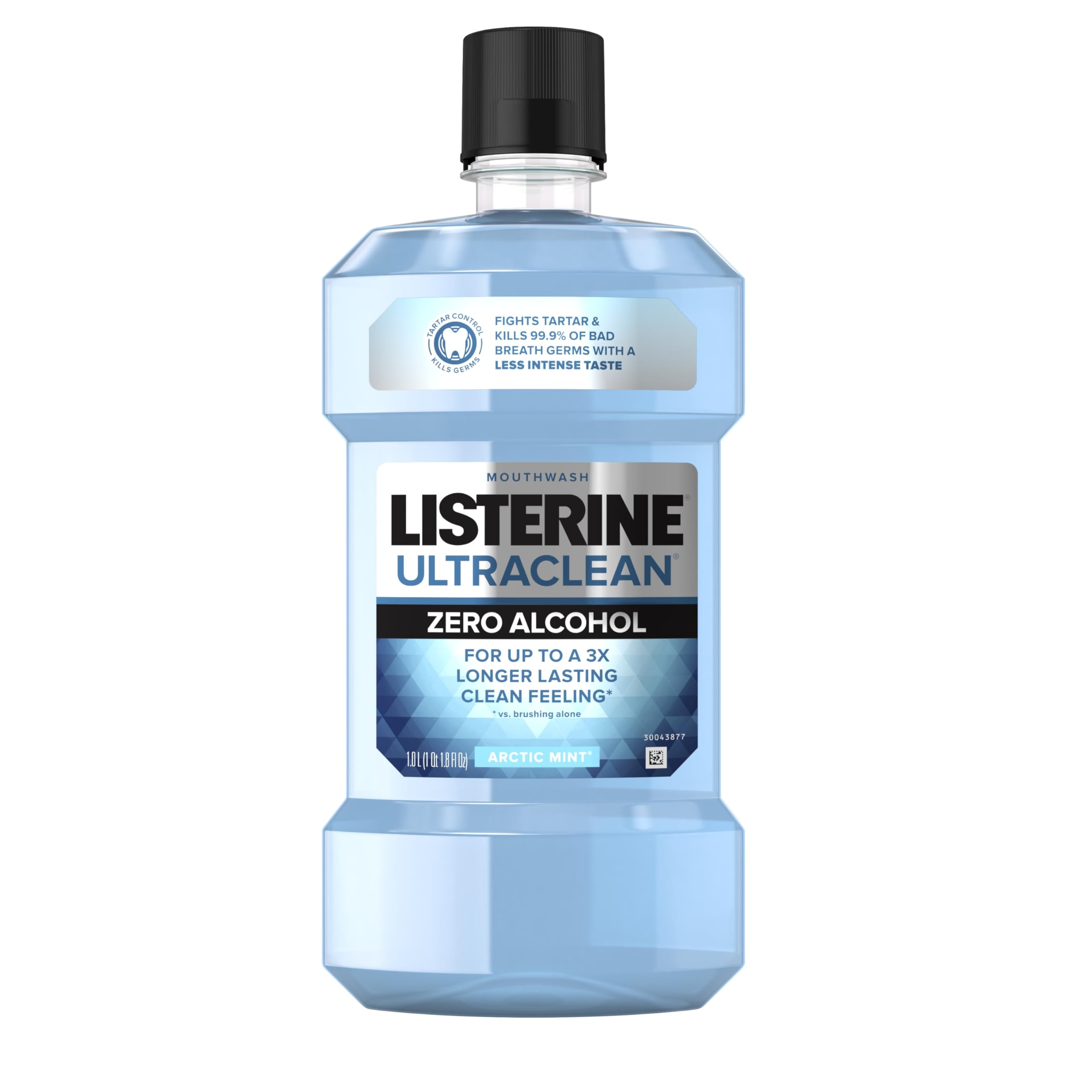 Listerine Ultraclean Zero Alcohol Tartar Control Mouthwash, Oral Rinse to Help Fight Bad Breath and Tartar, for Cleaner, Naturally White Teeth, Less Intense Arctic Mint Taste, 1 L