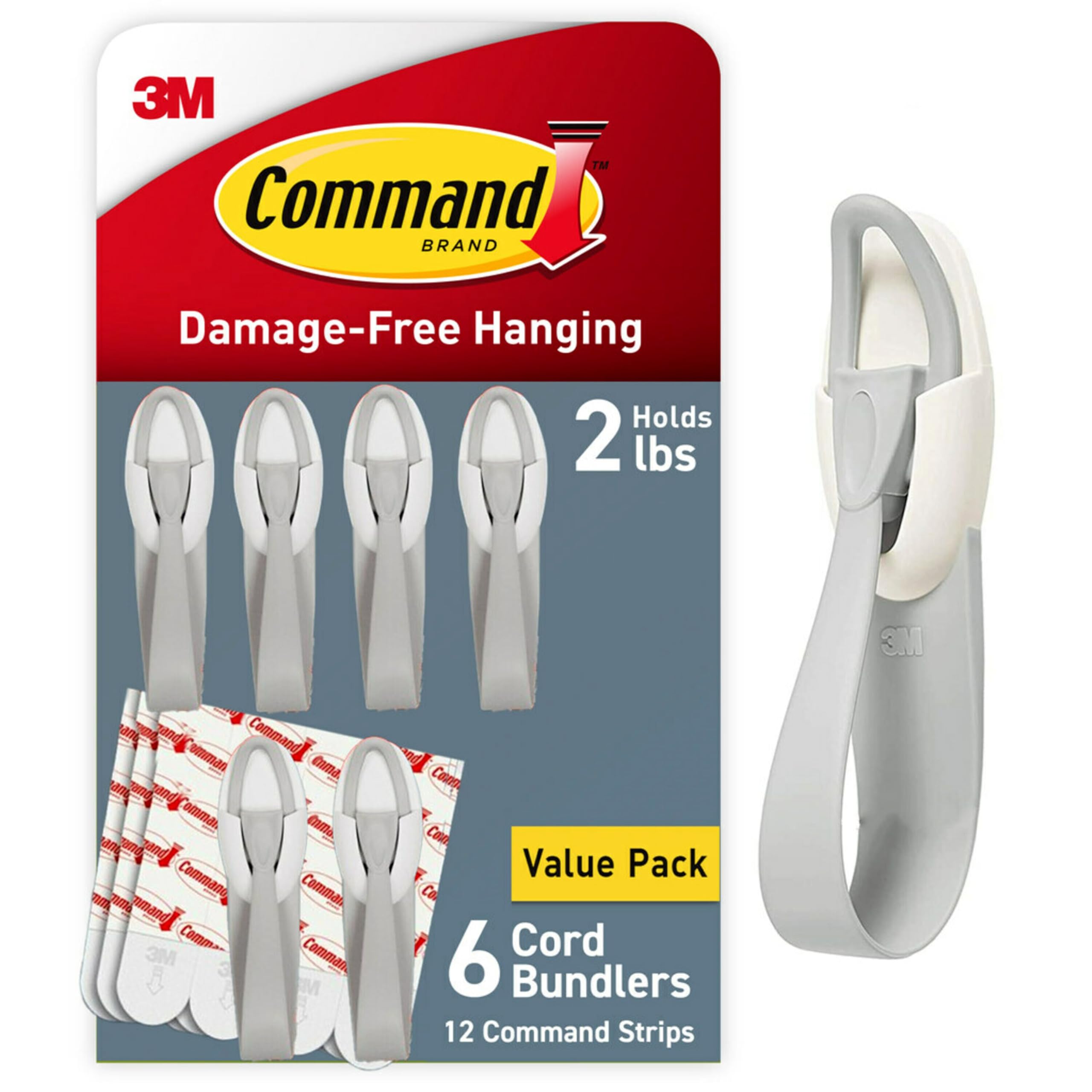 Command 6 Cord Bundlers, 12 Strips, Each Bundler Holds Up To 2 Lbs, Easy To Open Packaging, Organize Damage-Free