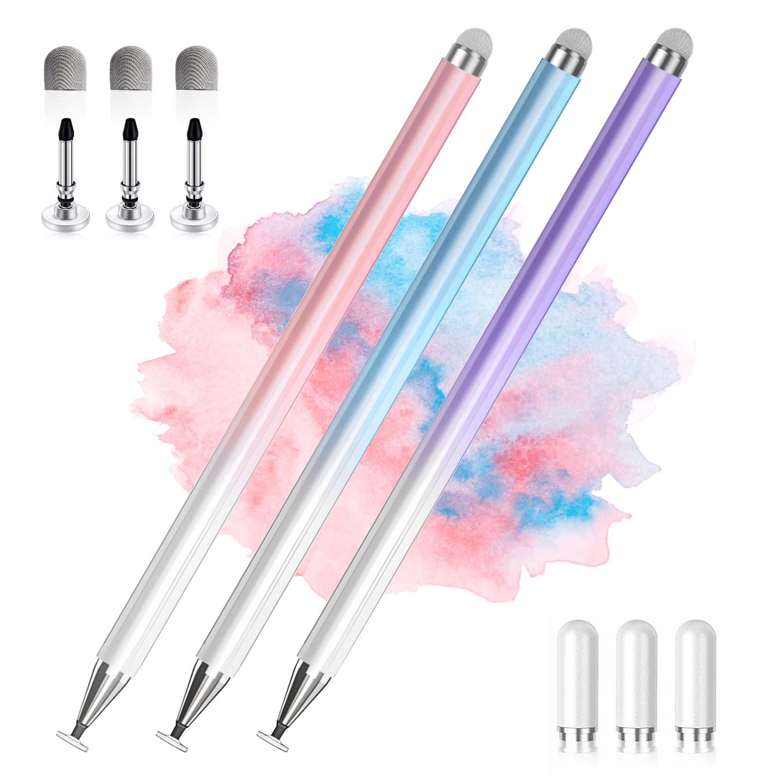 Stylus Pens for Touch Screens, 2 in 1 High Precision Universal Stylus Pen for iPad Compatible with Apple, iPhone, iPad, Android, Microsoft Tablets, Phones, 3 Pack - Blue, Pink, Purple