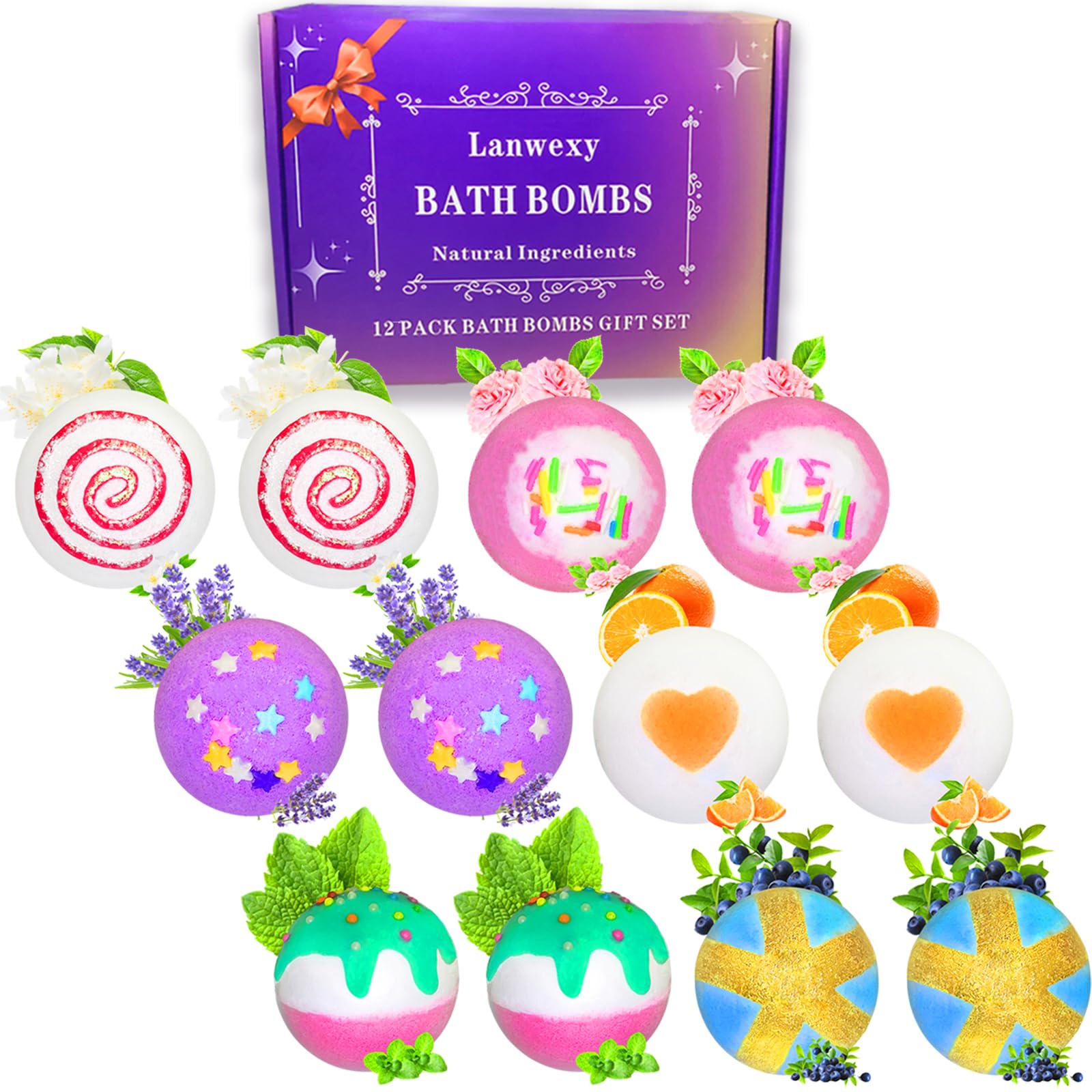 Bath Bombs,Lanwexy 12 Large Bath Bombs Gift Set for Women.Organic Natural Handmade Aroma Pure Essential Oil Bubble Bath Balls.Fragrant Spa to Moisturize Dry Skin.Birthday Gift Idea for Kids