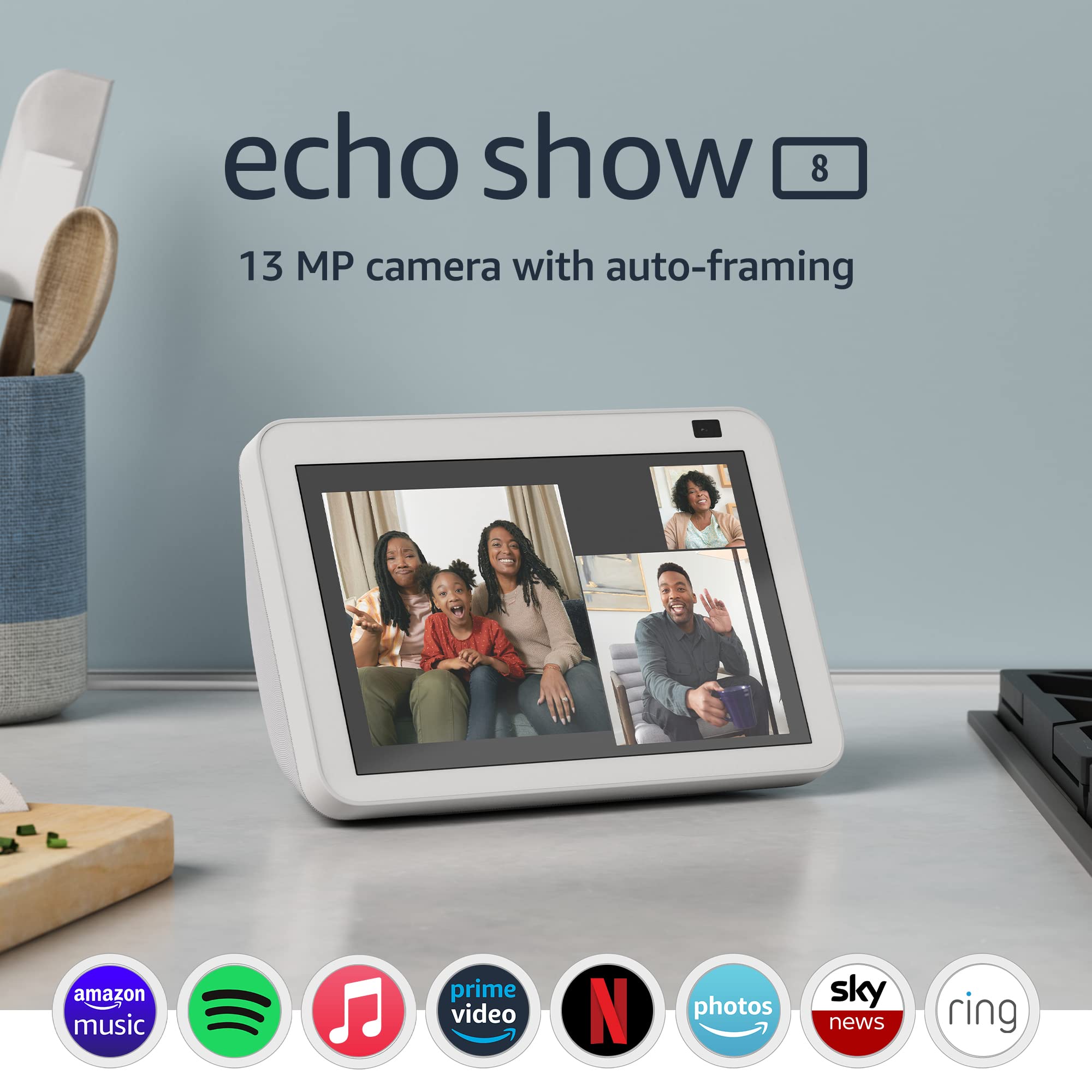 Echo Show 8 | 2nd generation (2021 release), HD smart display with Alexa and 13 MP camera | Glacier White