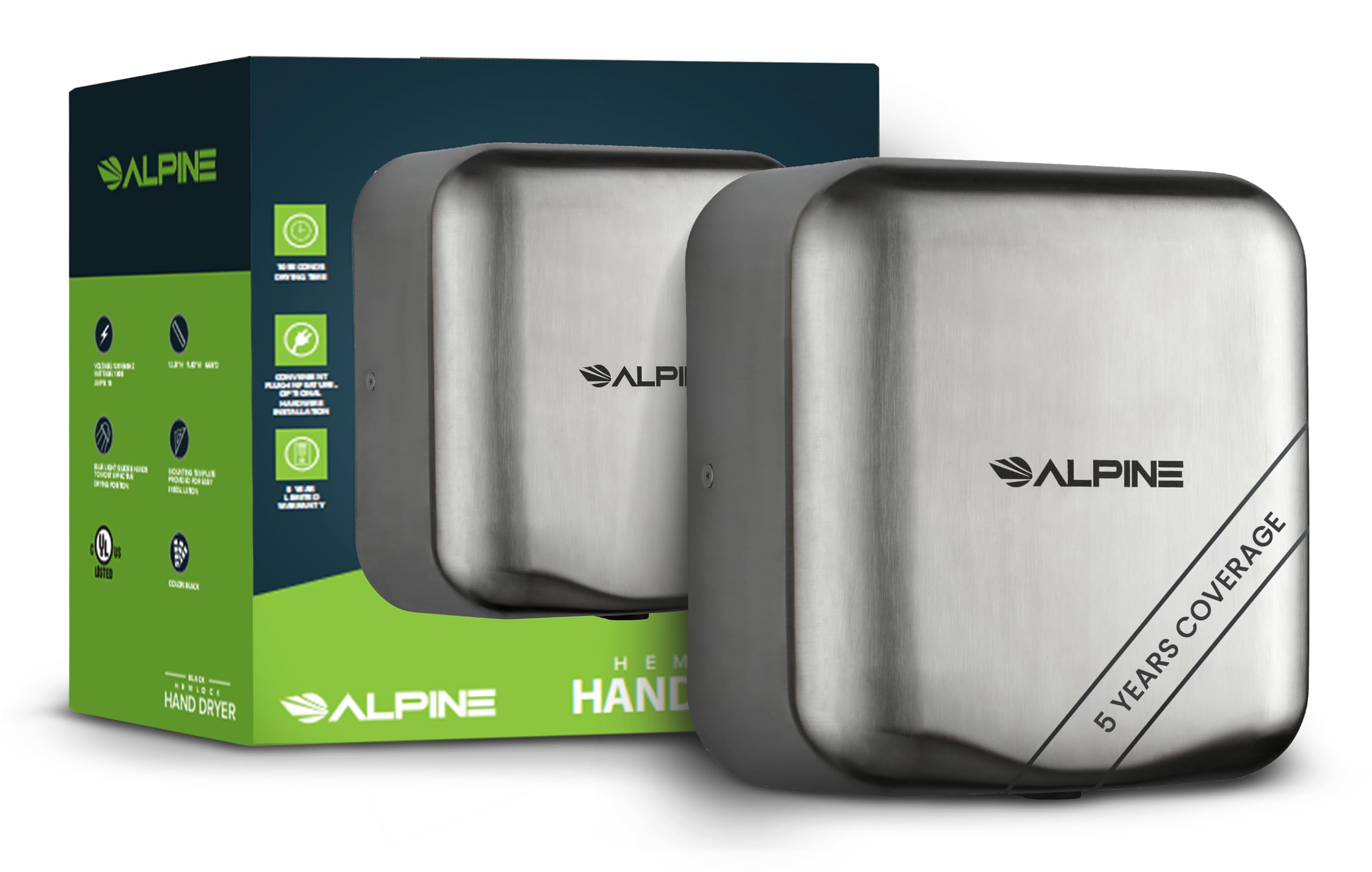 Alpine Industries Hemlock Automatic Hand Dryer - Heavy Duty Stainless Steel | 1800Watts | 110-120Volts (Brushed Stainless Steel)