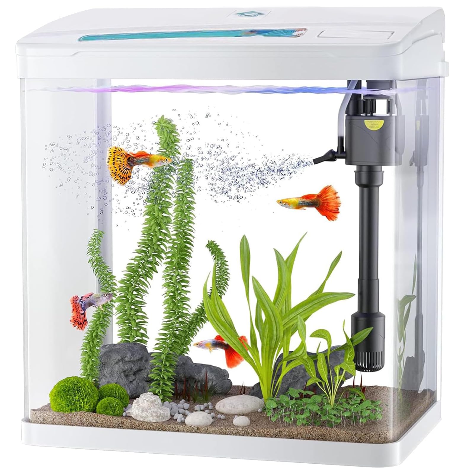 LIODUX 15 in 1 Betta Fish Tank Kit, Glass Aquarium Starter Kits Desktop Room Decor, Self-Cleaning Fish Tank, Betta Fish Tank Kits with LED Light and Filter Pump (24x17x28cm)