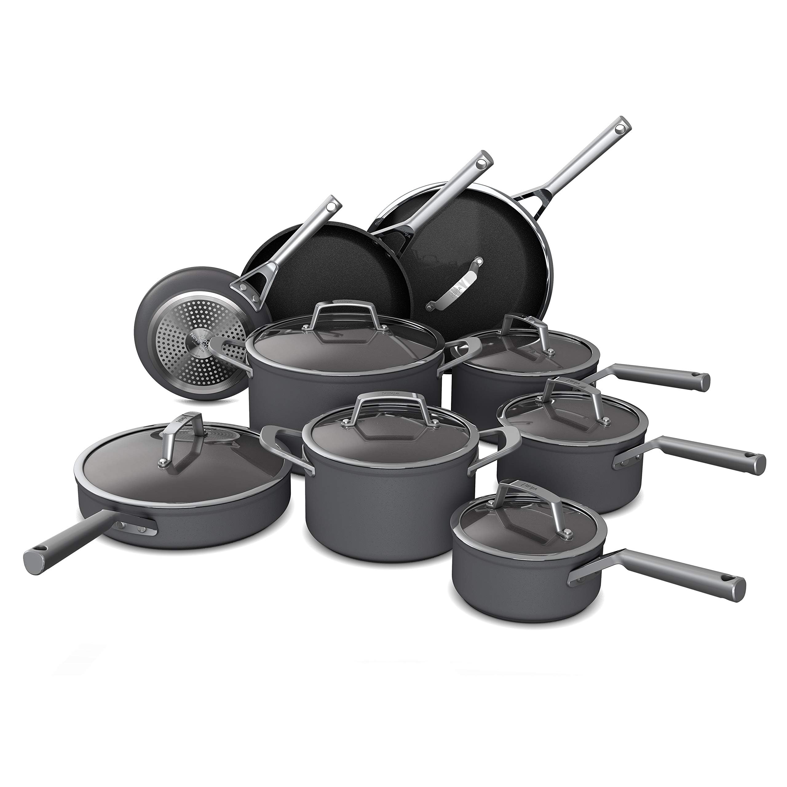 Ninja Cookware, Ninja NeverStick Premium, 16-Piece Pots and Pans Set, Non Stick Frying Pans, Kitchen Essentials, Stock Pot, Sauce Pan, Glass Lids, Saute Pan, All Stovetops, Black, C39900