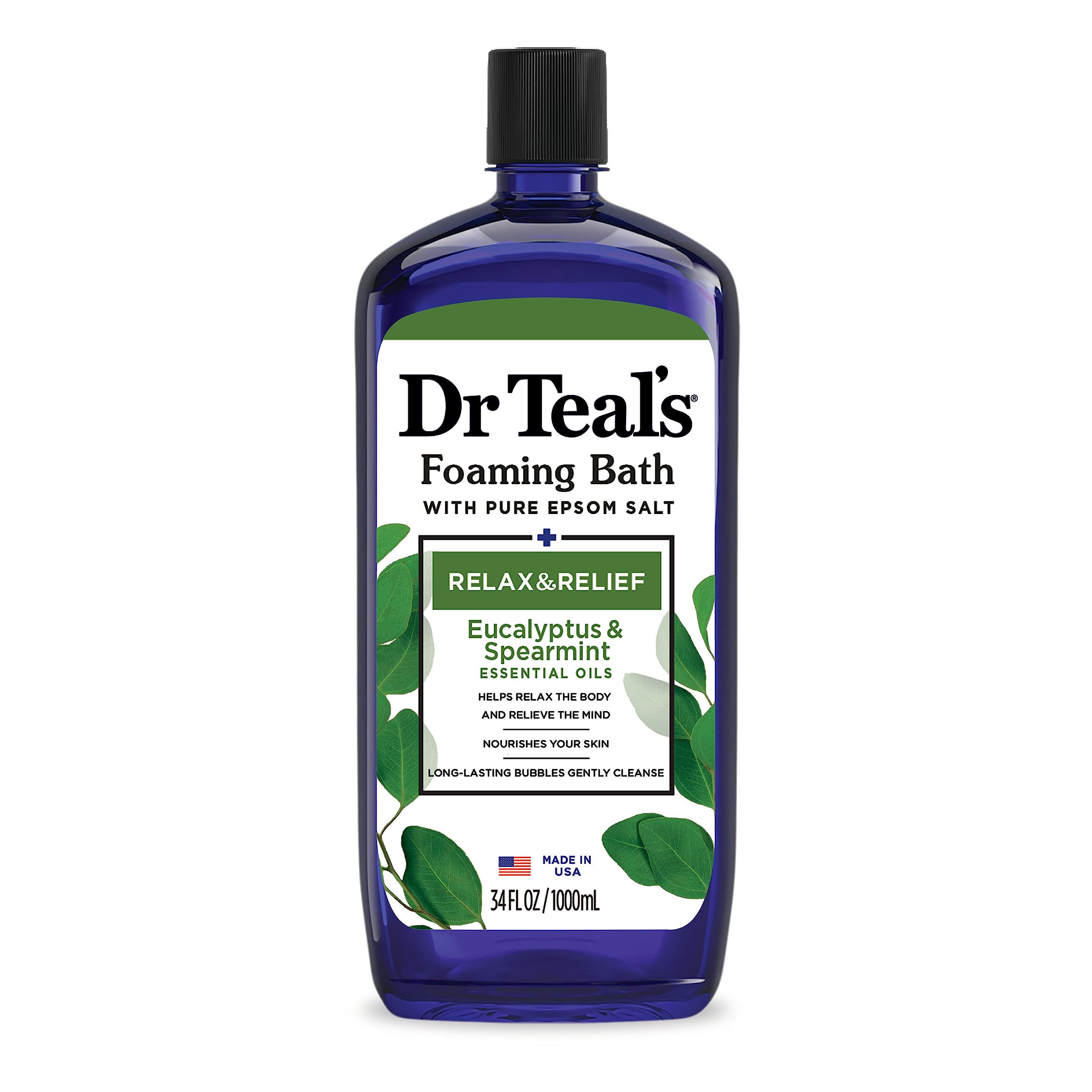 Dr Teal's Foaming Bath with Pure Epsom Salt, Relax & Relief with Eucalyptus & Spearmint, 34 fl oz (Packaging May Vary)