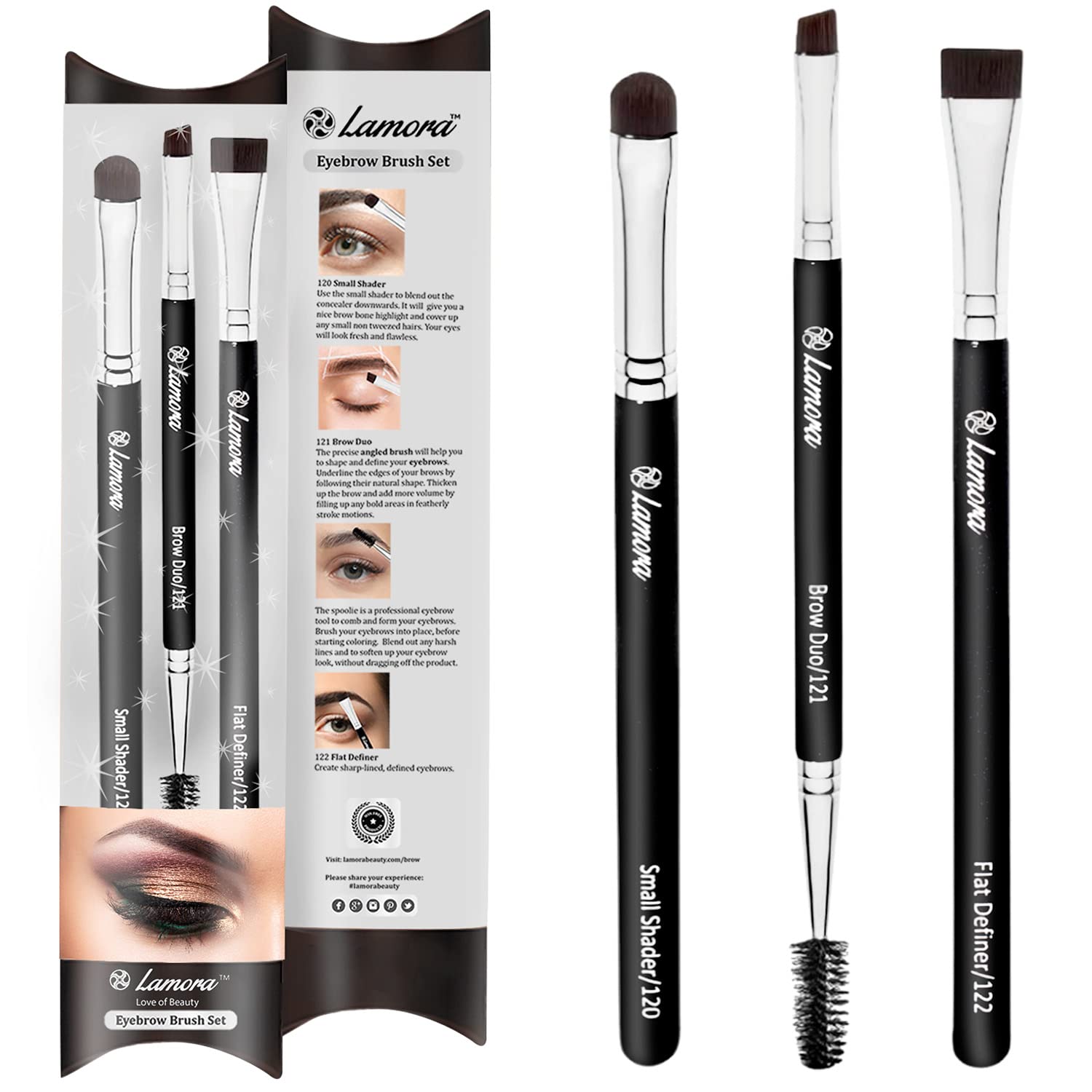 Eyebrow Brush - Duo Eye Brow Spoolie - Angled Eyeshadow Eyeliner - Precision Flat Definer - Small Shader - 3 Piece Makeup Brush Set - Cruelty Free Synthetic Bristles