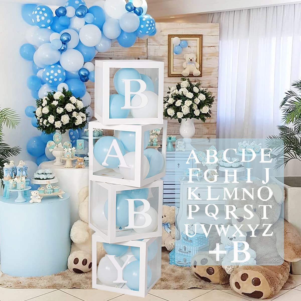 IIEPECA First Birthday Party Baby Shower Decorations DIY 4pcs White Transparent Boxes with 27 Letters, Party Boxes for Baby Shower, DIY Name , Birthday Boxes Gender Reveal Boy Girl Balloon Box White