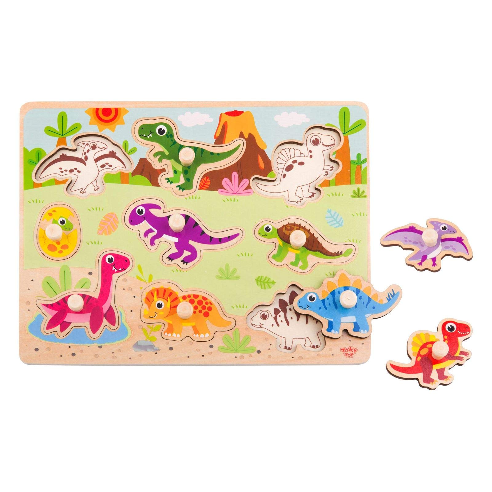 iXium 10pc Wooden Dinosaur Jigsaw Puzzle Shape Sorter Childrens Play Educational Toy Slot Game for Age 18 Months +