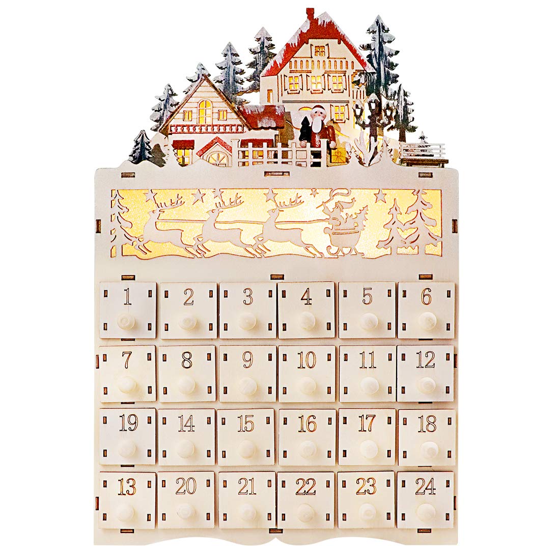 TOPNEWWooden LED Christmas Sleigh Advent Calendar, 24 Opening Drawers Countdown to Traditional LED Wood Construction Christmas Holiday Decoration, 8.8" x 3.5" x 14.2"