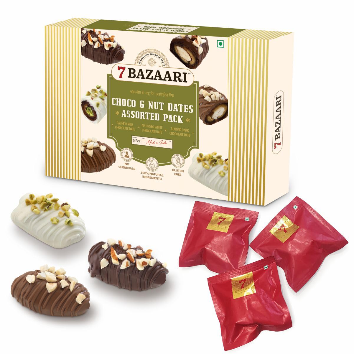 7 BAZAARI™ Choco & Nut Dates Assorted Pack - Cashew Milk Chocolate, Pistachio White Chocolate, Almond Dark Chocolate Coated Dates - Gluten-Free, 6 Pieces (114g) - Premium Mithai, Healthy Sweets, Ideal Festival Gift Box