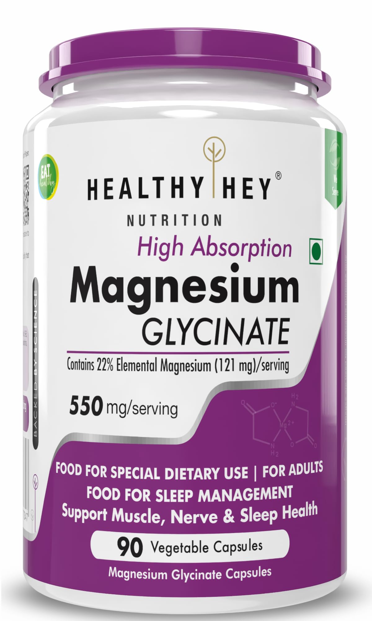 HealthyHey Nutrition Magnesium Glycinate High Absorption for Sleep, Cramps, & Nerves Health - 90 Vegetable Capsules