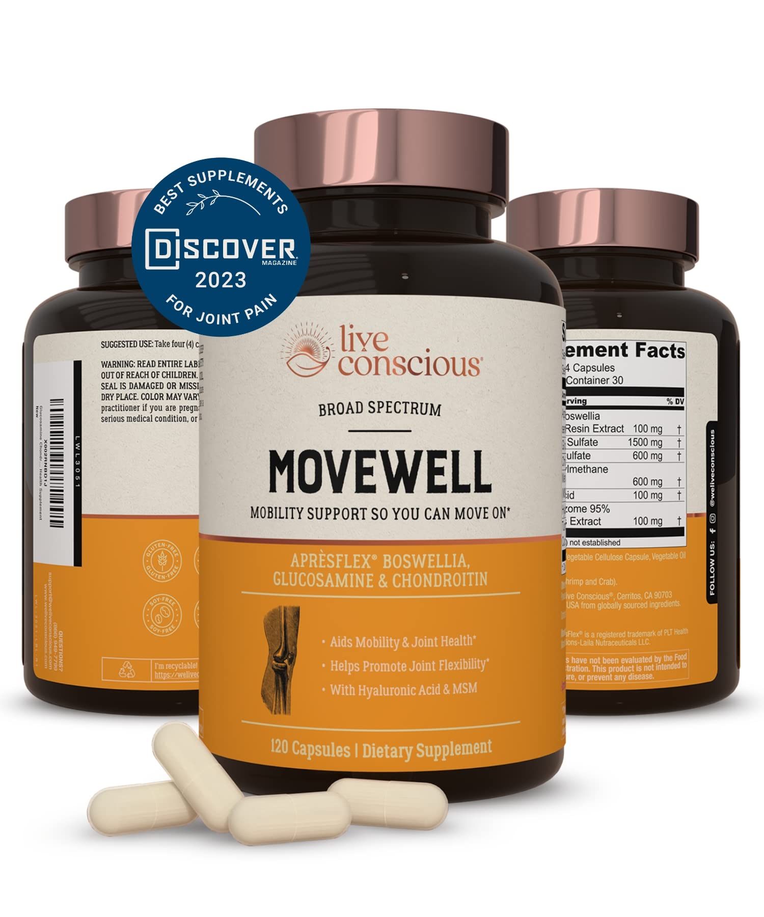 Live ConsciousGlucosamine Chondroitin with MSM, Hyaluronic Acid, and More - MoveWell Joint Health Supplement