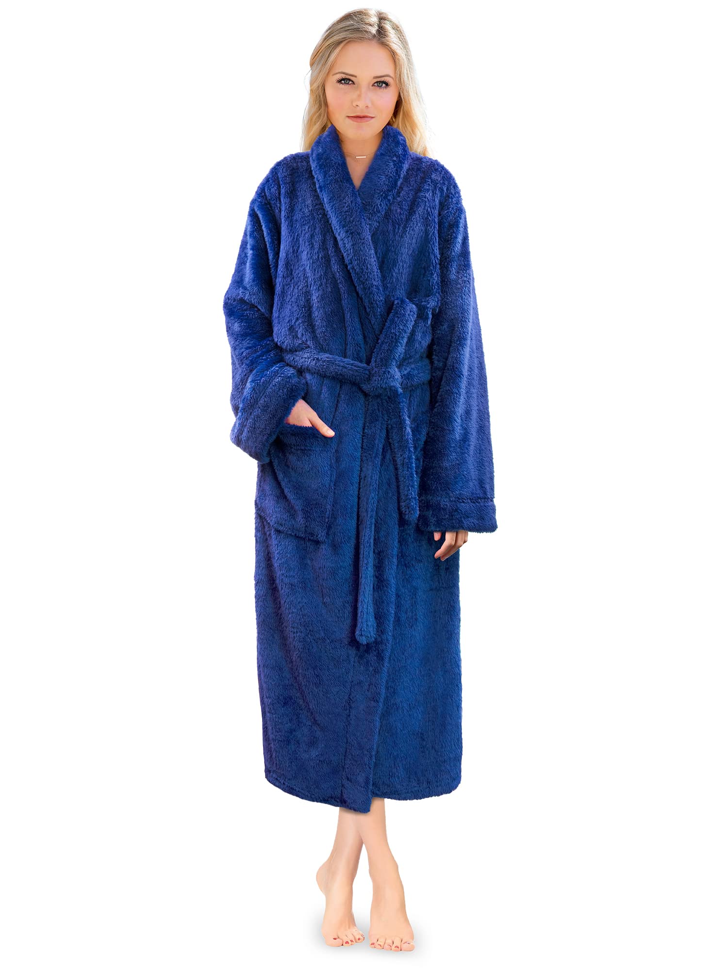 PAVILIAPremium Womens Plush Soft Robe Fluffy, Warm, Fleece Sherpa Shaggy Bathrobe, Blue, L-XL