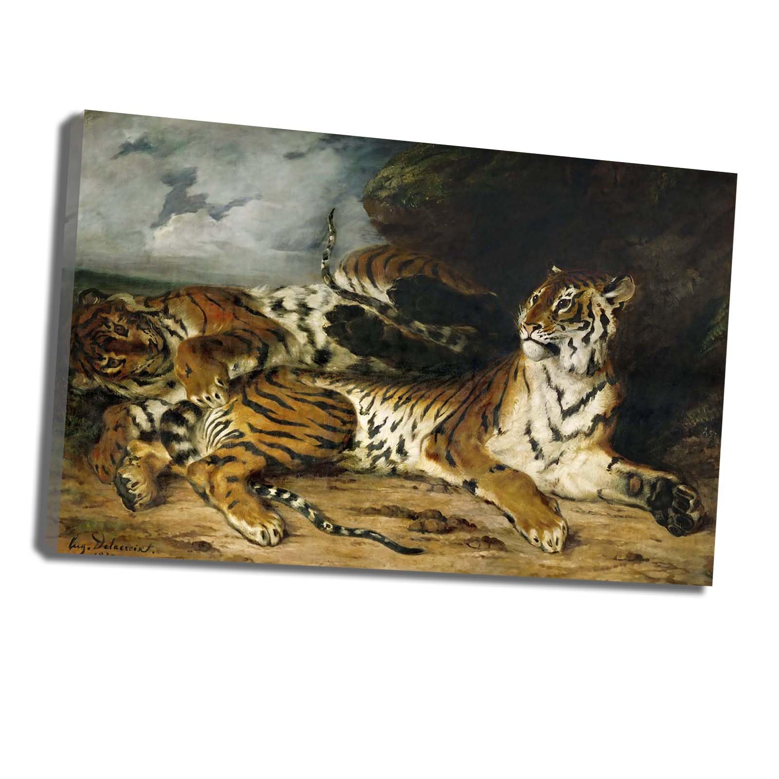 Ltt-Ydd-Ccl Eugène Delacroix A Young Tiger with His Mother Canvas Wall Art Painting Vintage Wall Décor Canvas Photo Picture For Living Room Bedroom Ready To Hang(Framed,80x120cm-31x47inch)