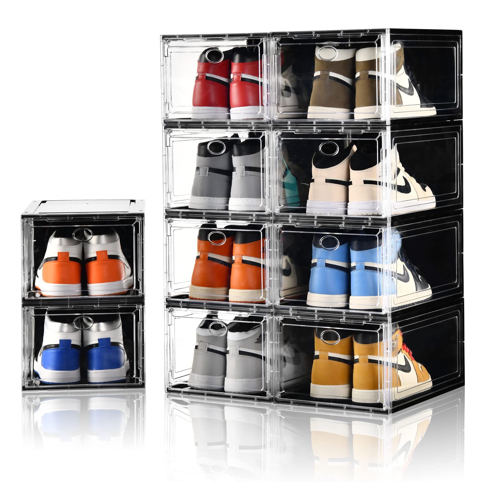 Amllas 10 Pack Shoe Boxes Stackable,Upgraded Sturdy Storage Boxes with Clear Magnetic Door,Multifunctional Sneaker Organizer Fit up to US Size 12 (13.8”x 9.84”x 7.1”)