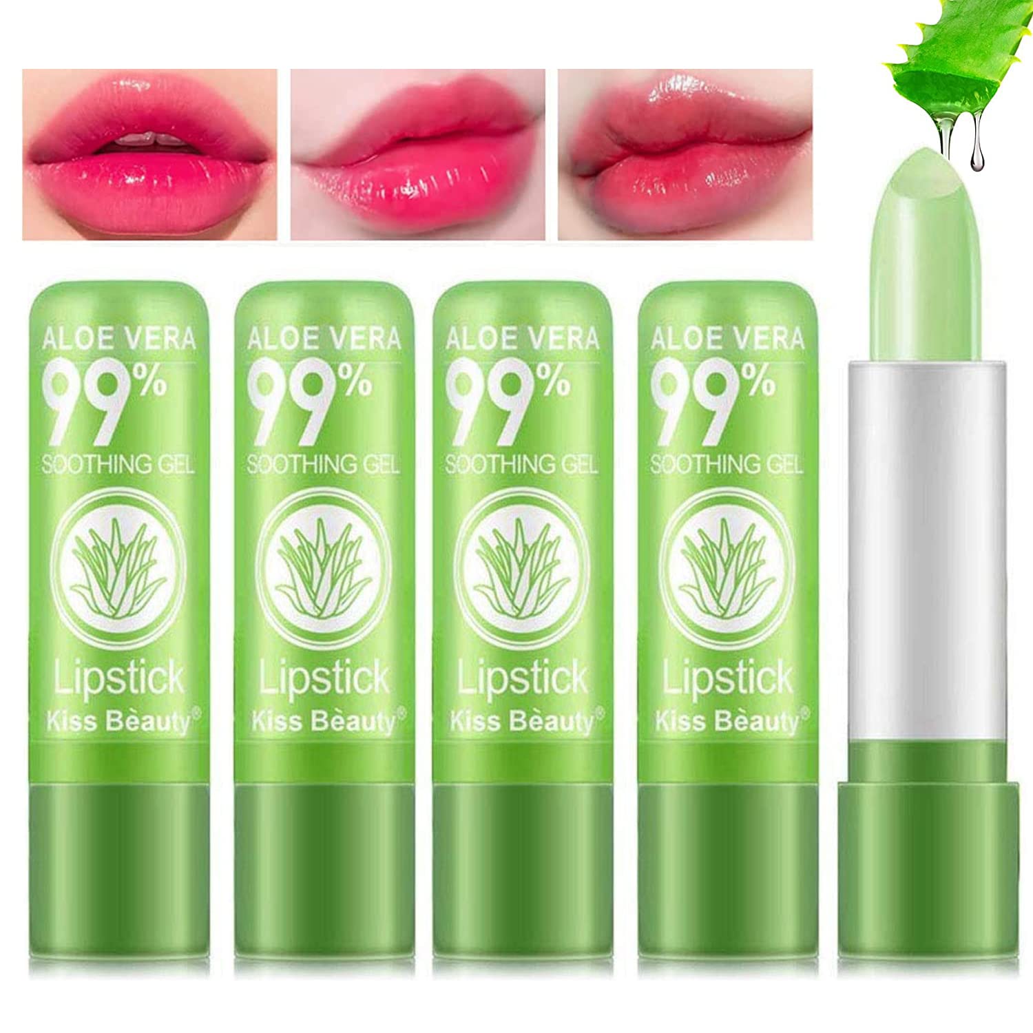 5 Pack Aloe Vera Color Changing Lipstick, Long Lasting Moisturizing Temperature Color Changing Aloe Vera Lip Gloss Lip Balm, Green Lipstick that Turns Pink Magic lipstick Makeup