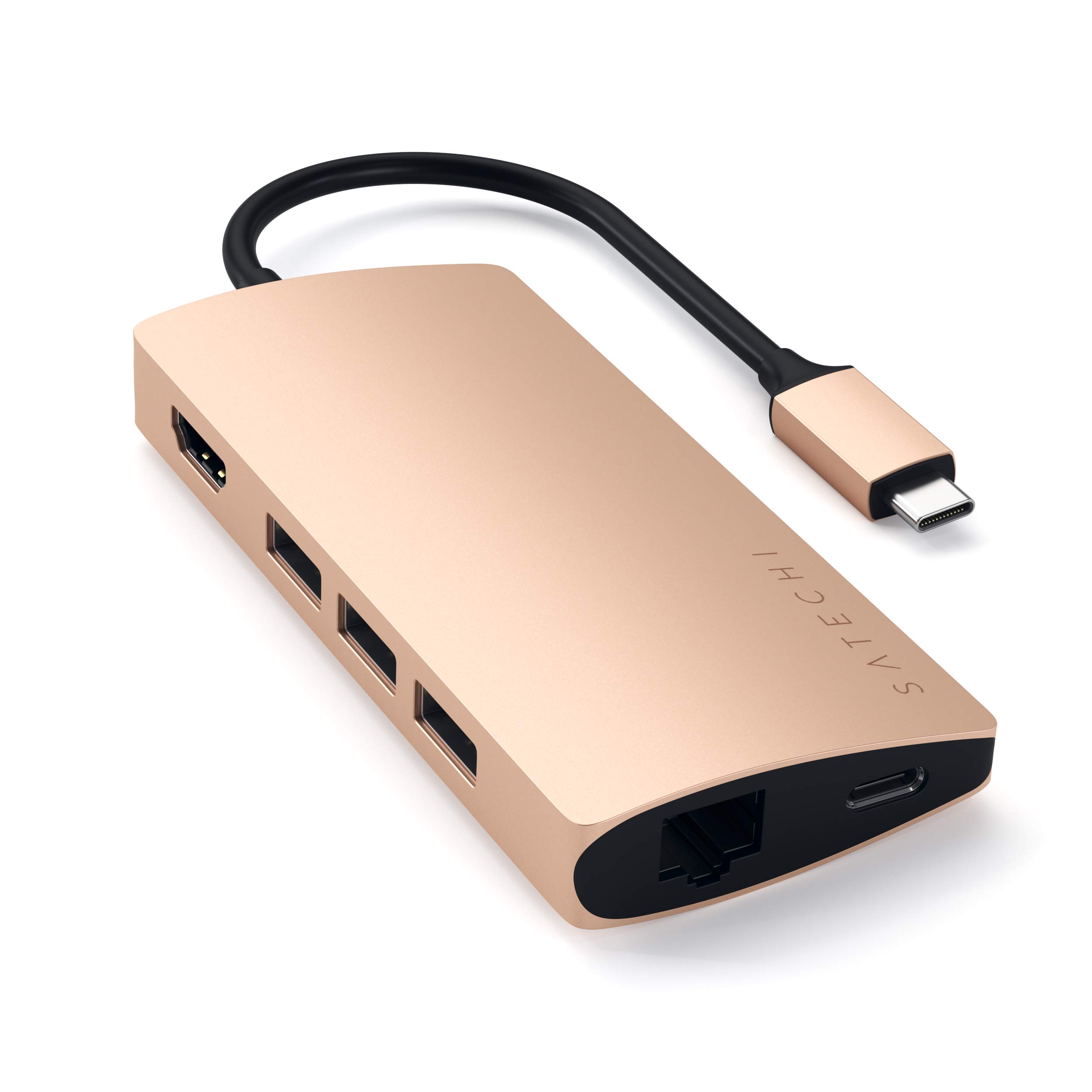 SatechiUSB C Hub Multiport Adapter V2 - USB C Dongle - 4K HDMI (60Hz), 60W USB C Charging, GbE, SD/Micro Card Readers, USB 3.0 - USBC Hub For MacBook Pro/Air M1 M2 - Gold