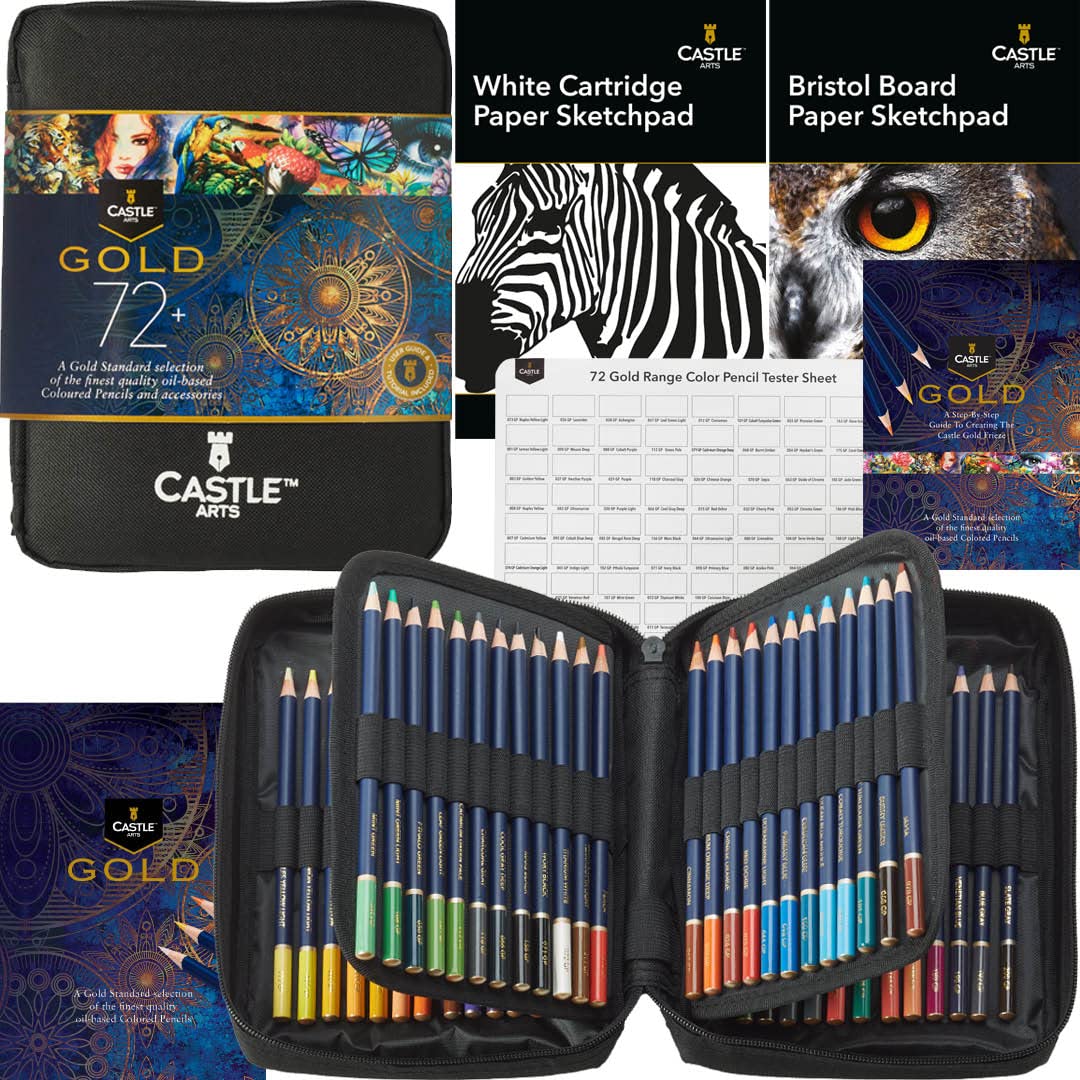 Castle Art SuppliesGold Standard 72 Colouring Pencils Set with Extras | Quality Oil-based Coloured Cores Stay Sharper, Tougher Against Breakage | For Adult Artists, Colourists | In Zipper Case