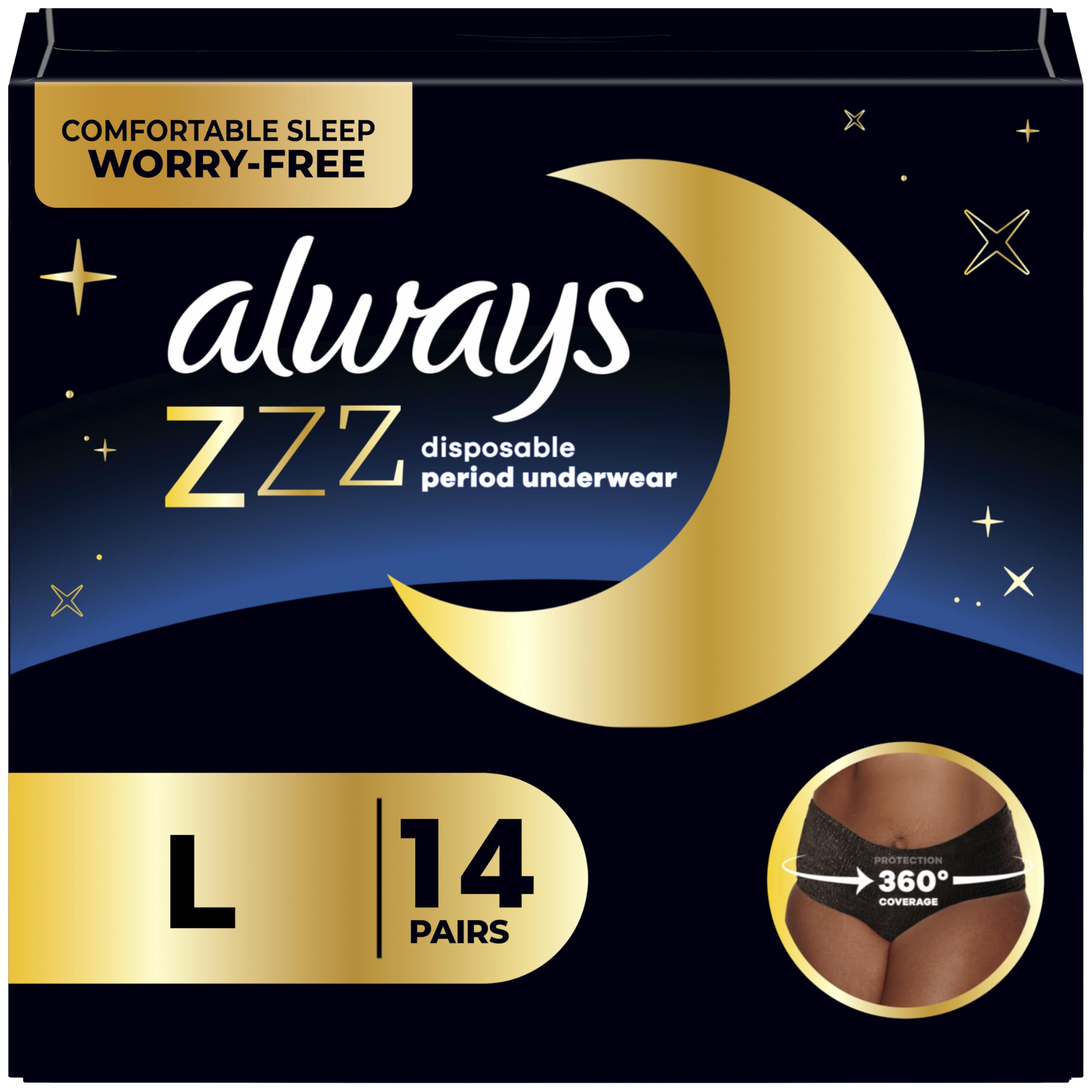 Always ZZZ Overnight Disposable Period Underwear for Women Sz L, 360° Coverage for Worry-Free Nights, 7 Count x 2 Pack (14 Count total)