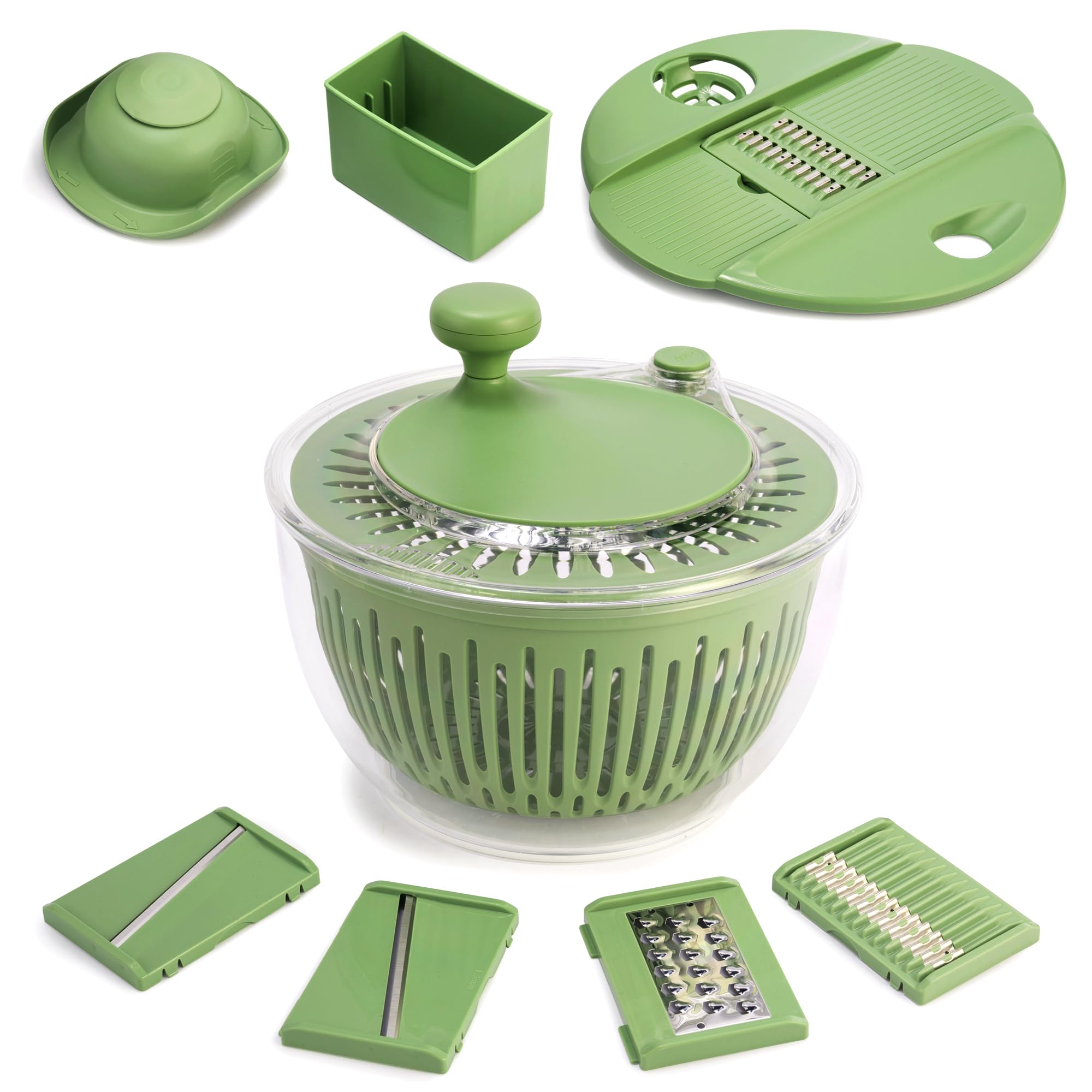 SUSTEAS Salad Spinner Large, Vegetables Wash Bowl, Fruits & Herb Lettuce Dryer with 5 Blade Slicer Egg Yolk Strainer Shredder for Efficient Salad Preparation and Food Washing, 4.25Qt