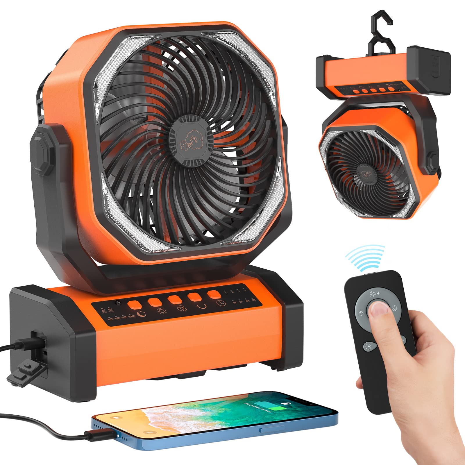 CRST 20000mAh Battery Operated Oscillating Camping Fan with Remote, LED Lantern, Timer 4 Speed Rechargeable Personal USB Fan for Jobsite Tent Emergency (Orange)