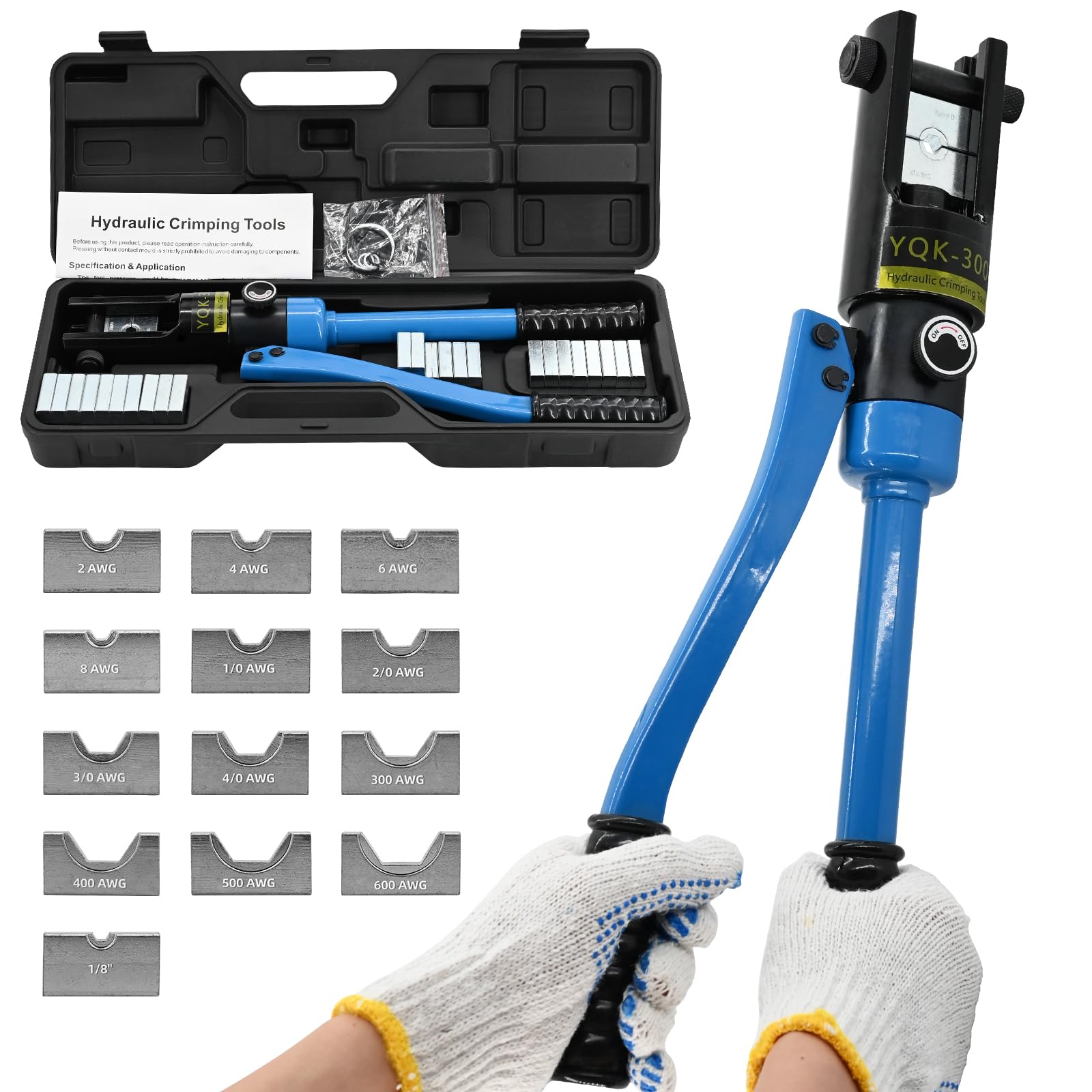 16T Hydraulic Battery Cable Crimper 8 AWG to 600 MCM Hydraulic Crimping Tool Cable Lug Crimper Electrical Terminal Wire Crimper with 13 Pairs of Dies Kit, Blue