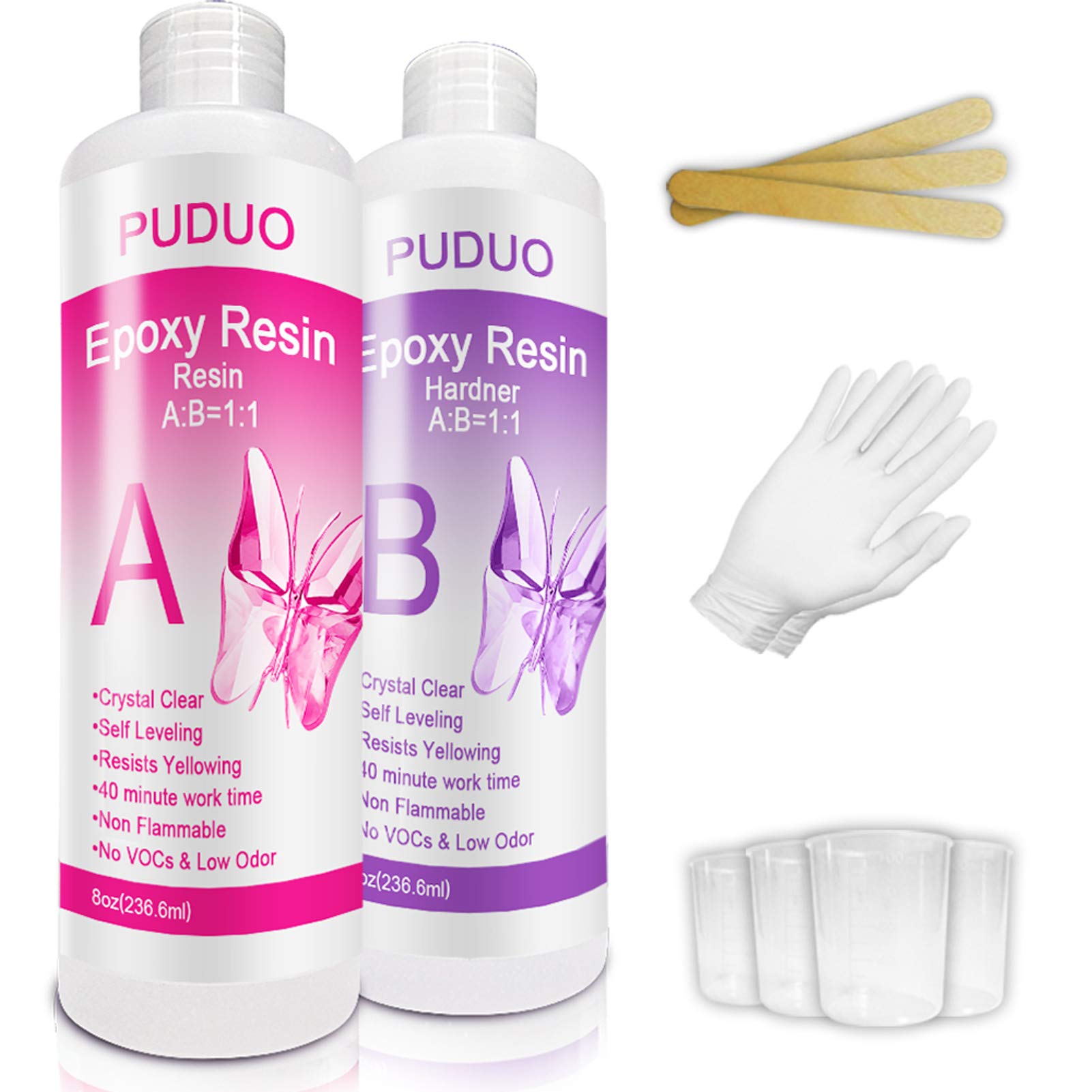 Epoxy Resin Crystal Clear Kit for Art, Jewelry, Crafts, Coating- 16 OZ Including 8OZ Resin and 8OZ Hardener | Bonus 4 pcs Measuring Cups, 3pcs Sticks, 1 Pair Rubber Gloves by Puduo