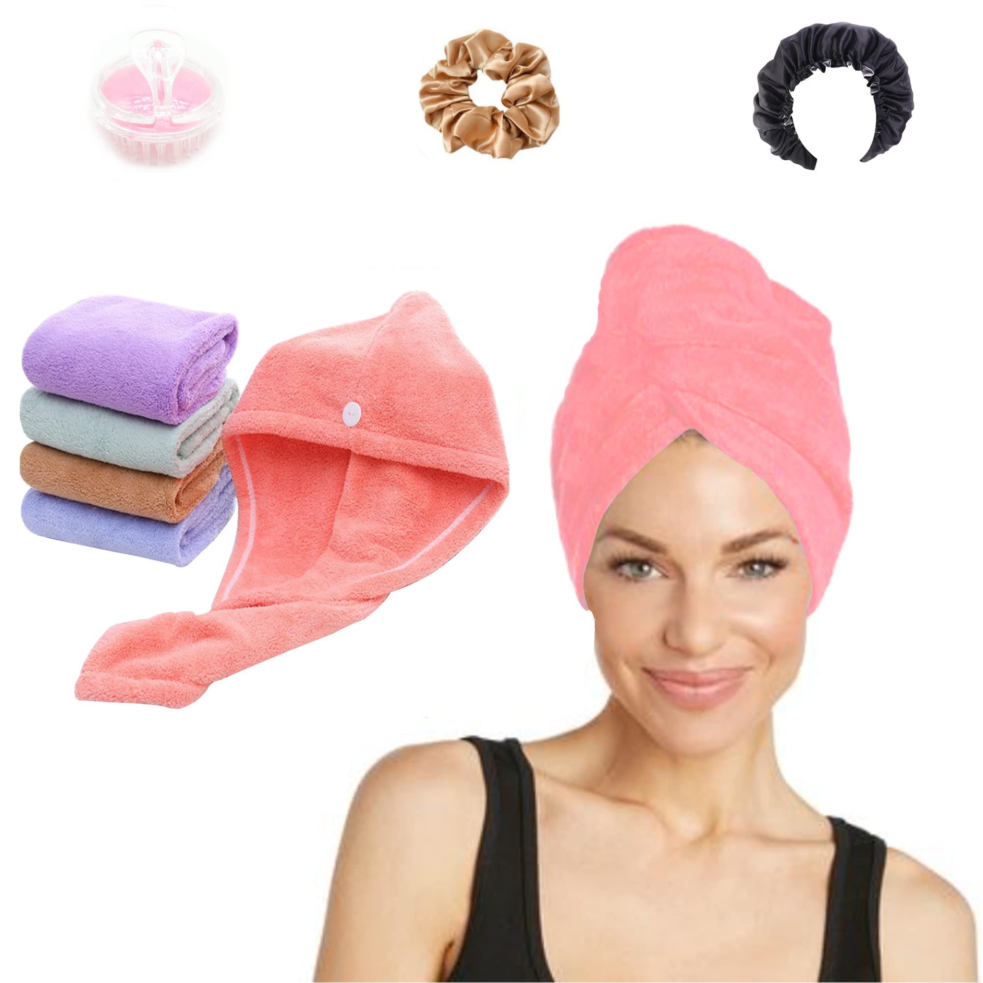 Wunder Lux Haircare set 4 items. Scalp massager brush complete care. A soft turban head towel wrap, fast drying. A satin bonnet cap reversible, adjustable for sleeping 1 Scrunchy hairband gift.