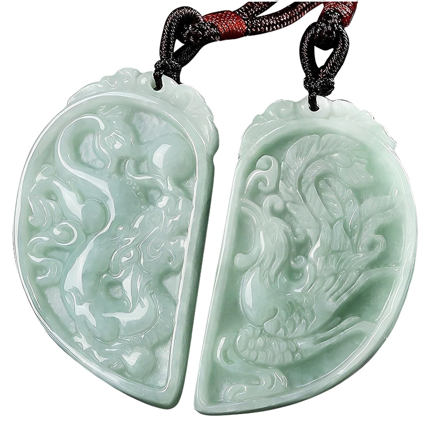 Dragon Phoenix Jade Pendant, A True Natural Grade A Certified Myanmar Jadeite, A Pair