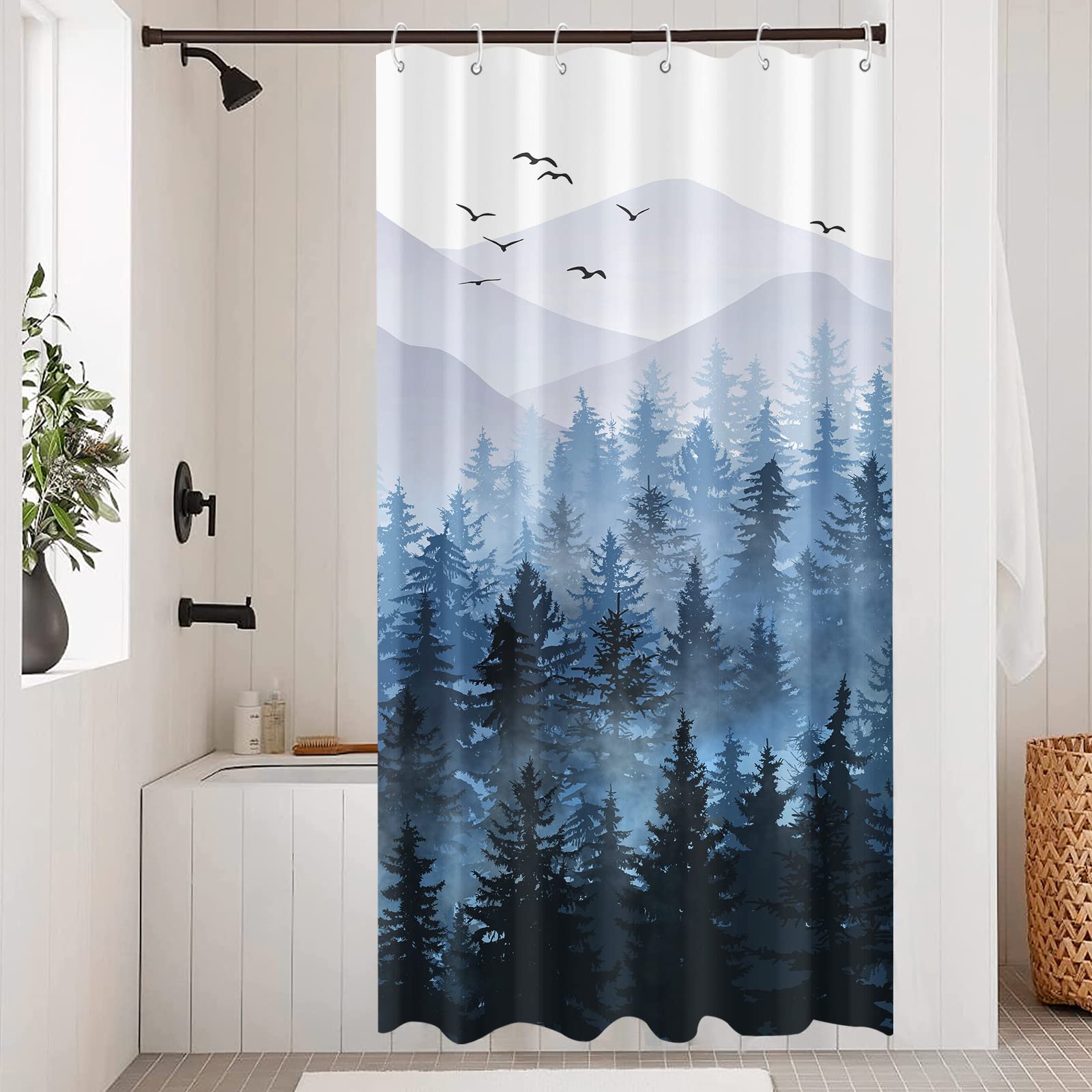 AccniccBlue Misty Forest Shower Curtain Set Ombre Navy Blue White Waterproof Fabric Shower Curtains Nature Tree Mountain Woodland Decorative Bathroom Bath Curtain Decor (Blue, 36'' × 72'')