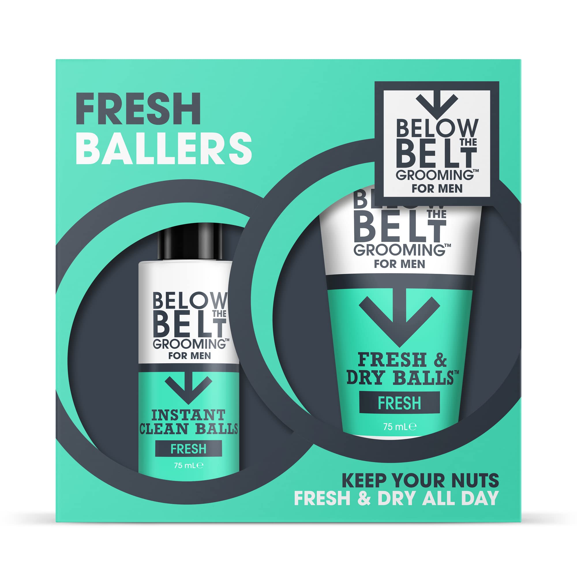 Below The Belt Grooming Fresh & Dry Balls and Instant Clean Balls Intimate Deodorant Men's Gift Set - Talc Free Mess Free, Protects against Sweat, Odour and Chafing, Fresh Scent