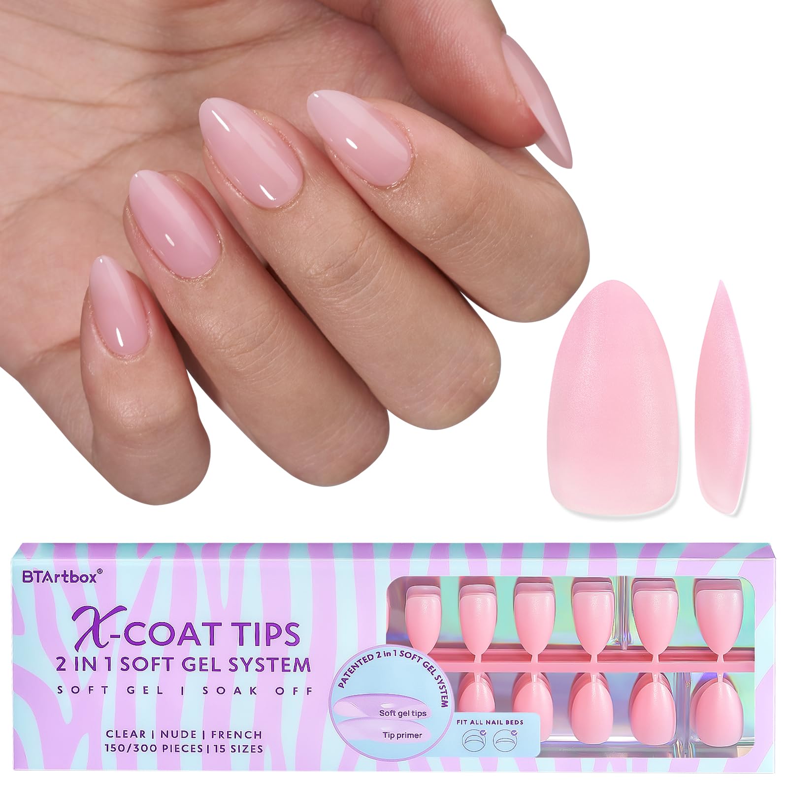 BTArtbox XCOATTIPS Natural Nail Tips -Short Almond Press On Nails Pink, Long Lasting Soft Gel Nails False Nail, Soak Off Acrylic Fake Nails Extensions for Nail Art DIY Christmas Gifts