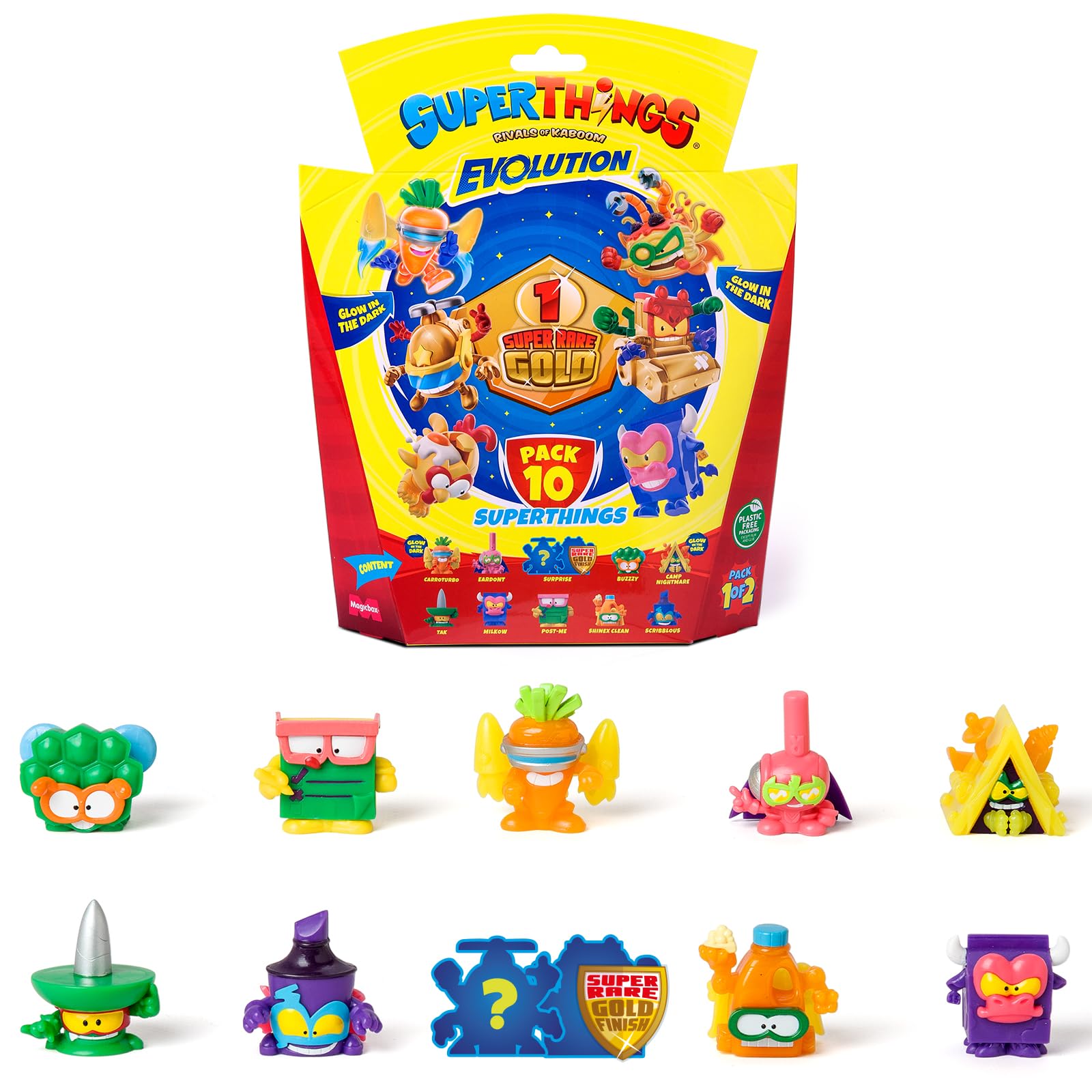 SUPERTHINGS Evolution series – Pack of 10 SuperThings (includes 1 gold leader and 3 special glow in the dark SuperThings). Pack 1 of 2