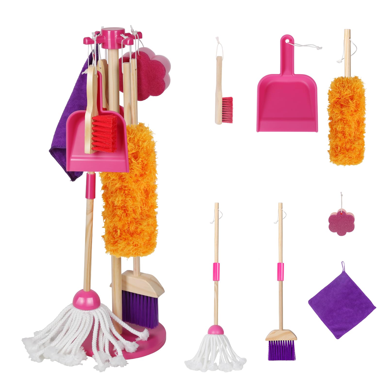 Masthome Wooden Kid Cleaning Set, 8-Pieces Cleaning Toys, Includes Broom, Dustpan, Brush, Mop, Duster, Sponge, Rag and Hanging Stand, Skill Developmental Pretend Play Kit for Toddlers, Children