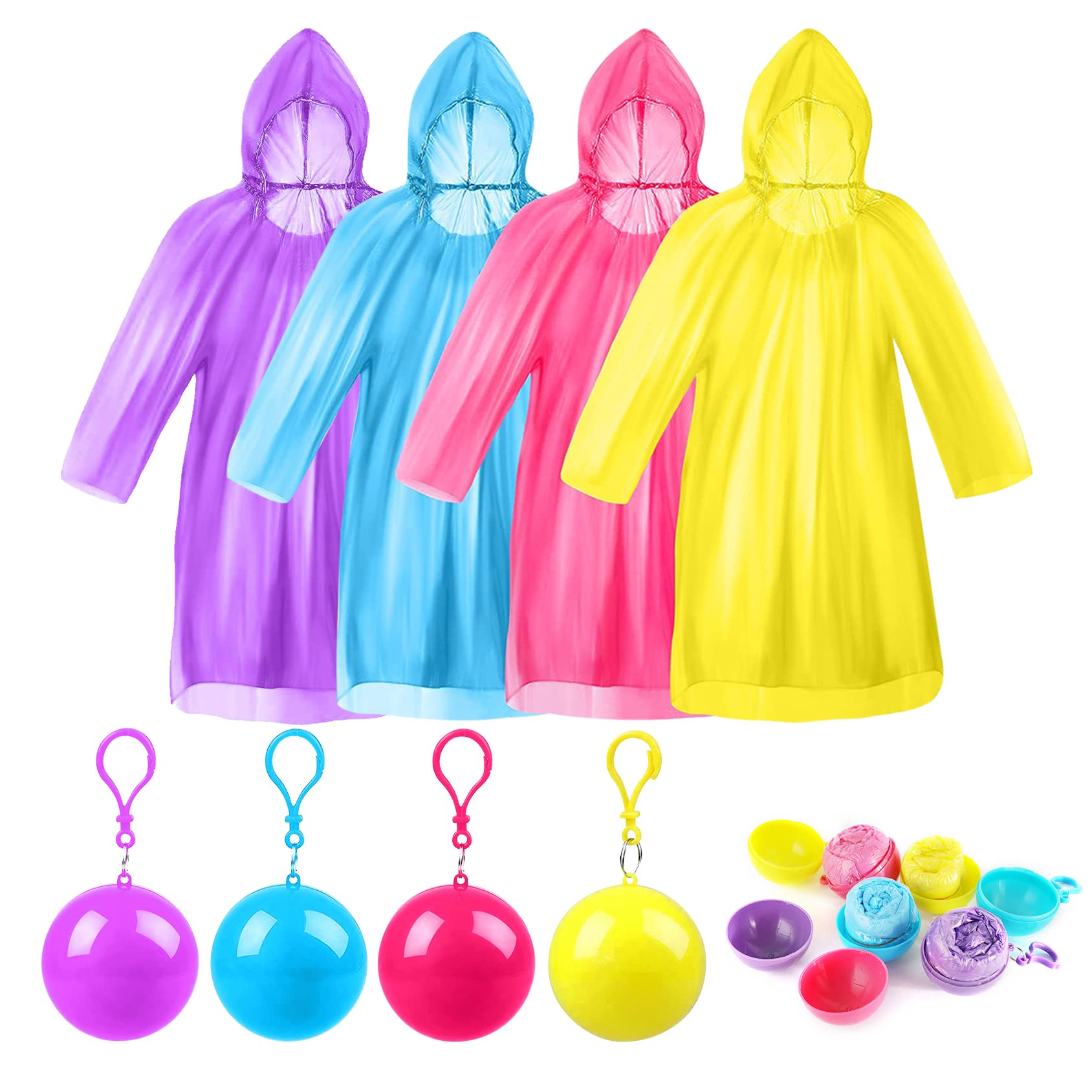 Viaky3 Pcs | 4 Pcs Disposable Rain Ponchos, Colorful Portable Waterproof Raincoats Ball with Keychain Hook for Women & Men, Adult emergency Raincoats for Hiking Camping, Travel, Outdoor Activities