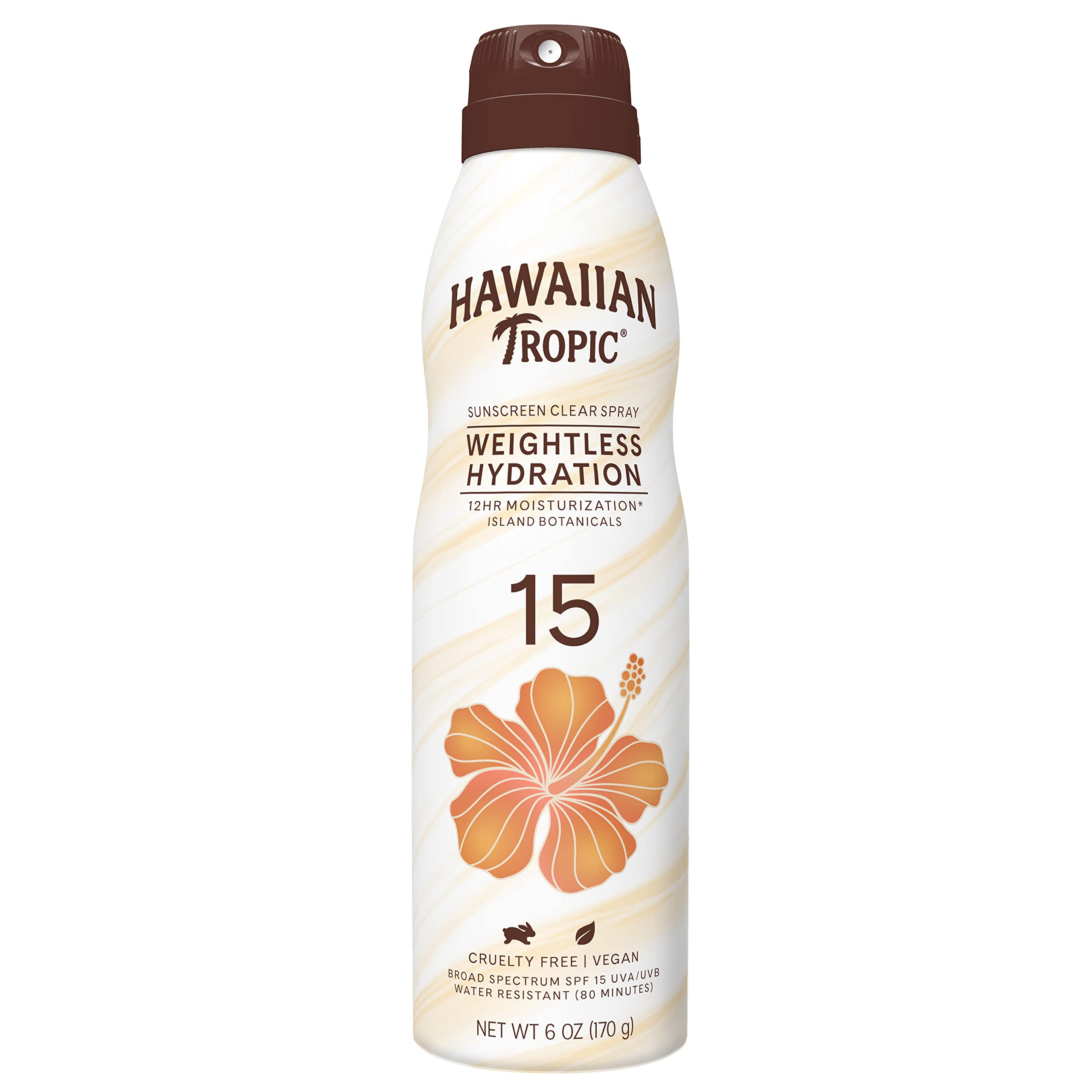 Hawaiian TropicSunscreen Clear Spray Weighless Hydration SPF 15 UVA/UVB, 12hrs Moisturization Island Botanical, Vegan,Ultra Light, Water resistant,No Oxybenzone, Dermatologist tested (80 Mins) 170g