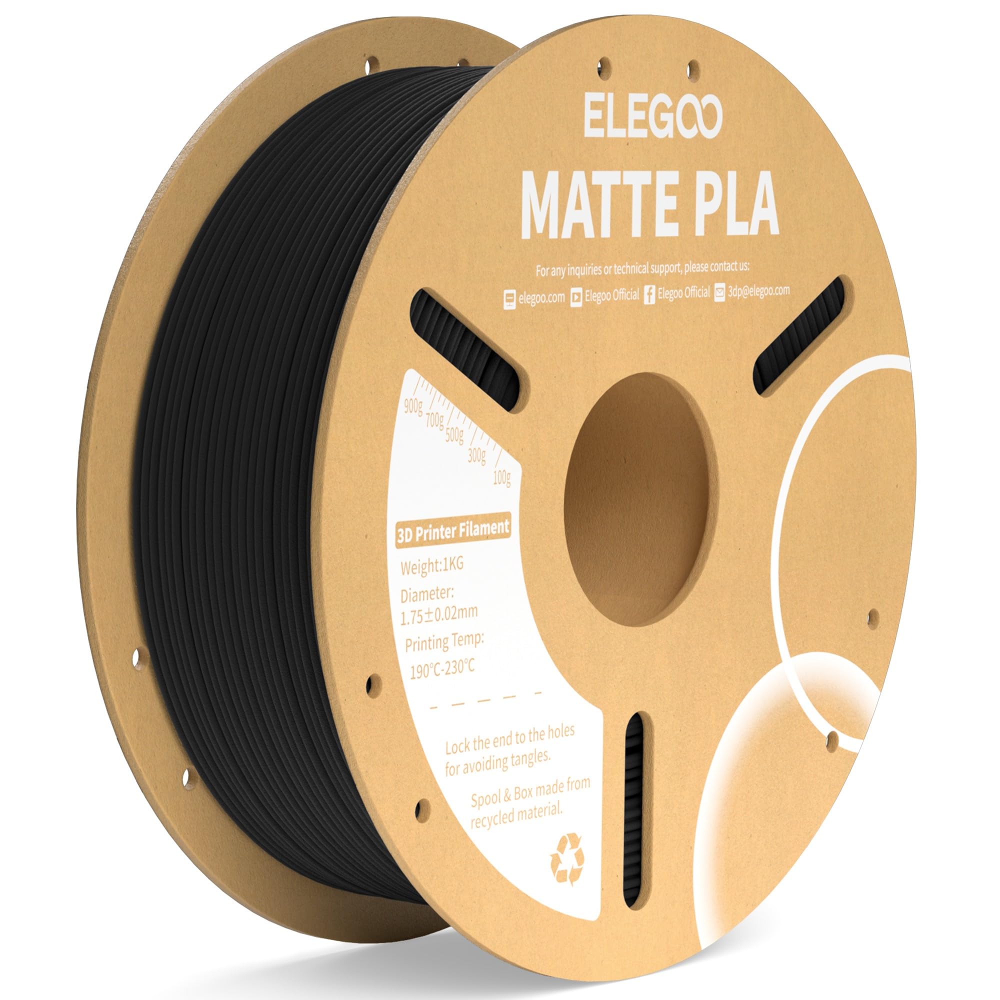 ELEGOOMatte PLA Filament Matte Black 1 kg, 1.75 mm 3D Printer Filament Dimensional Accuracy +/- 0.02 mm, 1 kg Cardboard Spool (2.2 lbs) for Most FDM 3D Printers