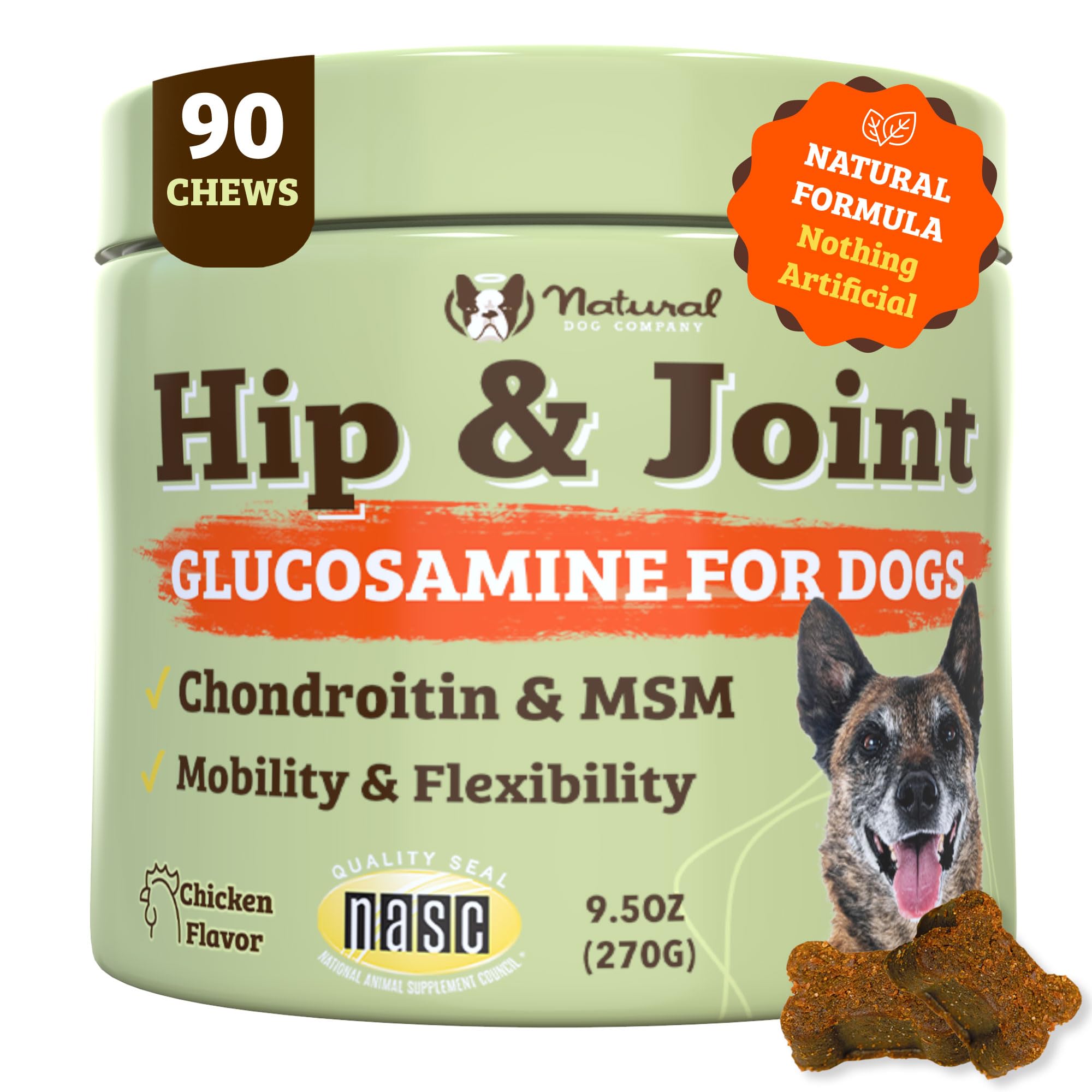 Natural Dog Company Hip & Joint Chews, Chicken Liver & Turmeric Flavor, with Glucosamine Chondroitin for Dogs, Maintains Bone and Joint Health, Supplements for Seniors and Puppies, 90 Count