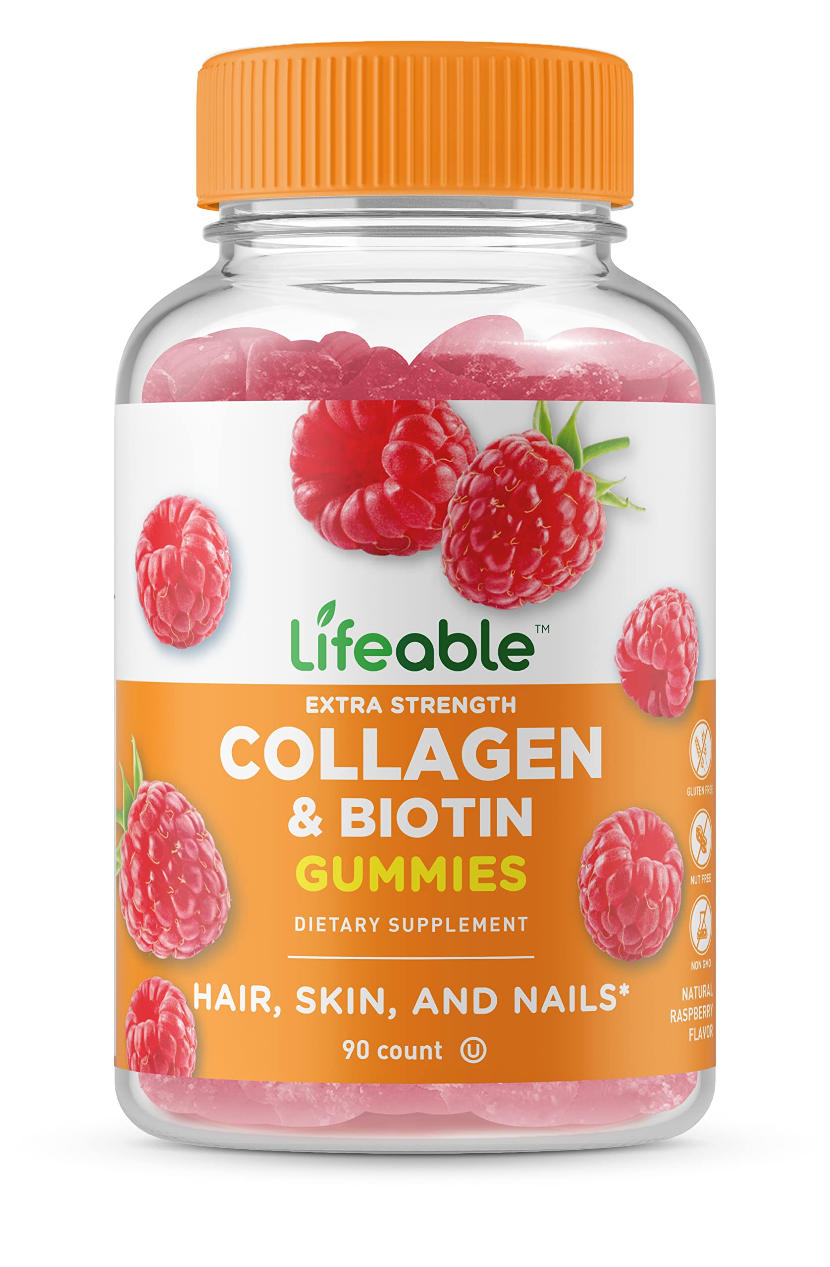 LifeableCollagen Peptides Gummies 100mg | with 10000mcg Biotin | Great Tasting Biotin and Collagen Supplements | for Hair, Skin, and Nails | Collagen Gummies for Women, Men, Adults | 90 Gummies