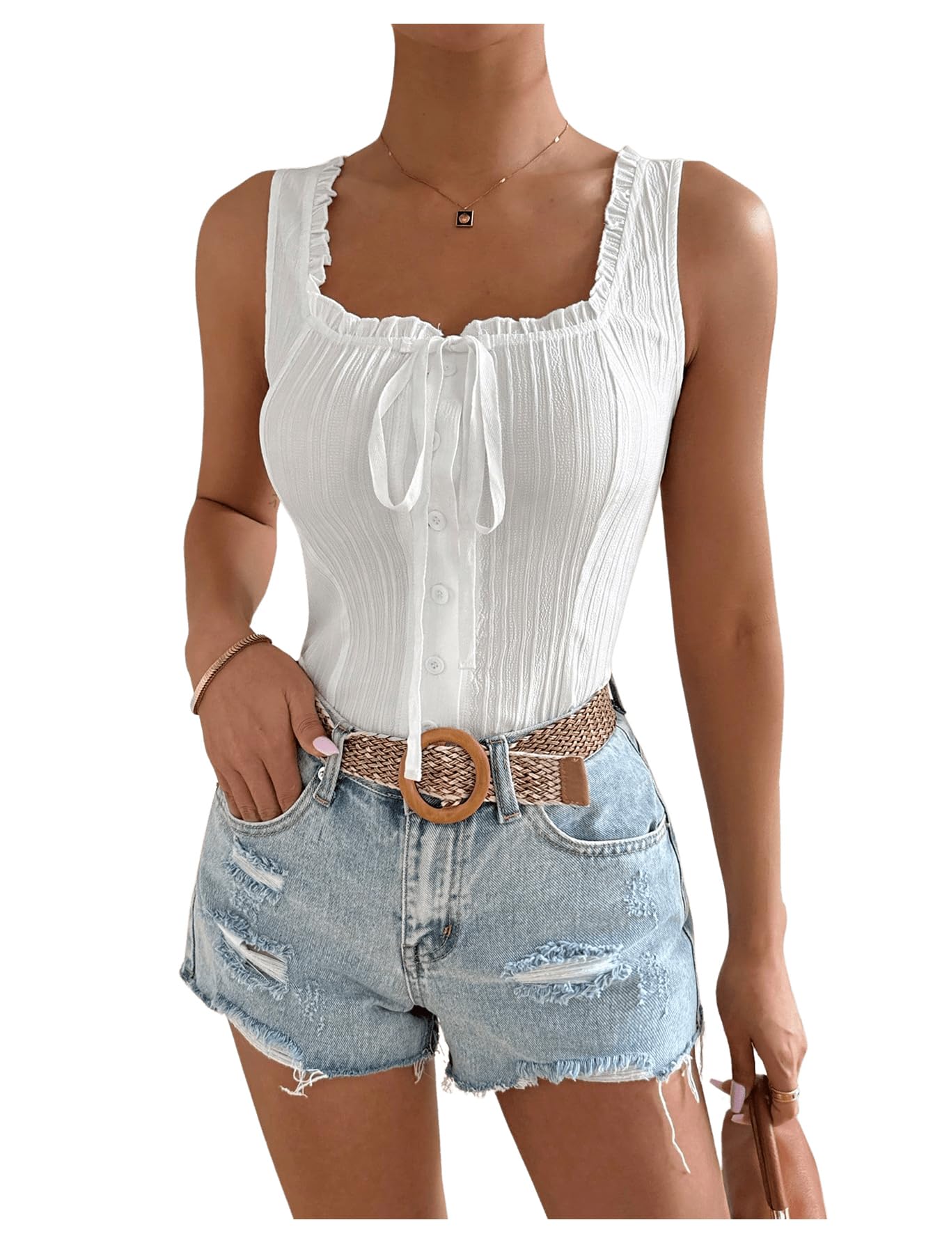 SOLY HUXTank Top for Women Square Neck Sleeveless Frill Trim Button Down Summer Tops