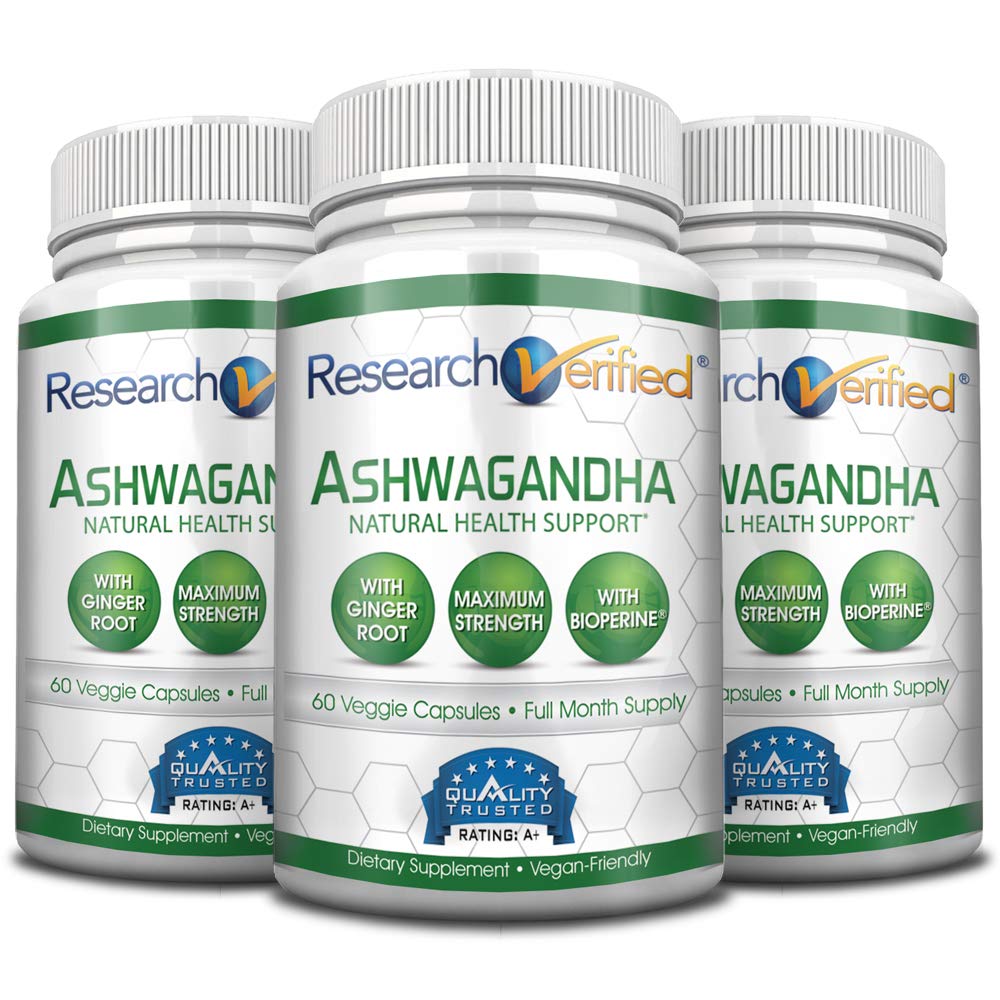 Research Verified Ashwagandha 1500mg Maximum Strength with Bioperine and Ginger Root Reduce Anxiety and Stress, Enhance Cognitive Function, Reduce Joint Pain 60 Vegan Friendly Capsules (3 Bottles)